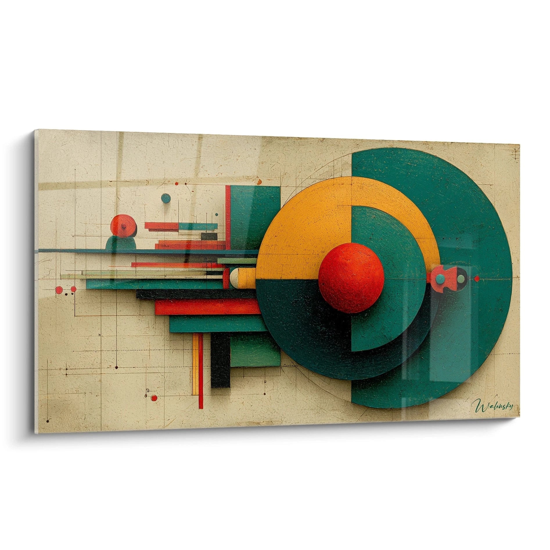 tableau géométrique style Bauhaus par Walensky avec cercles et rectangles colorés rétro pour décoration murale