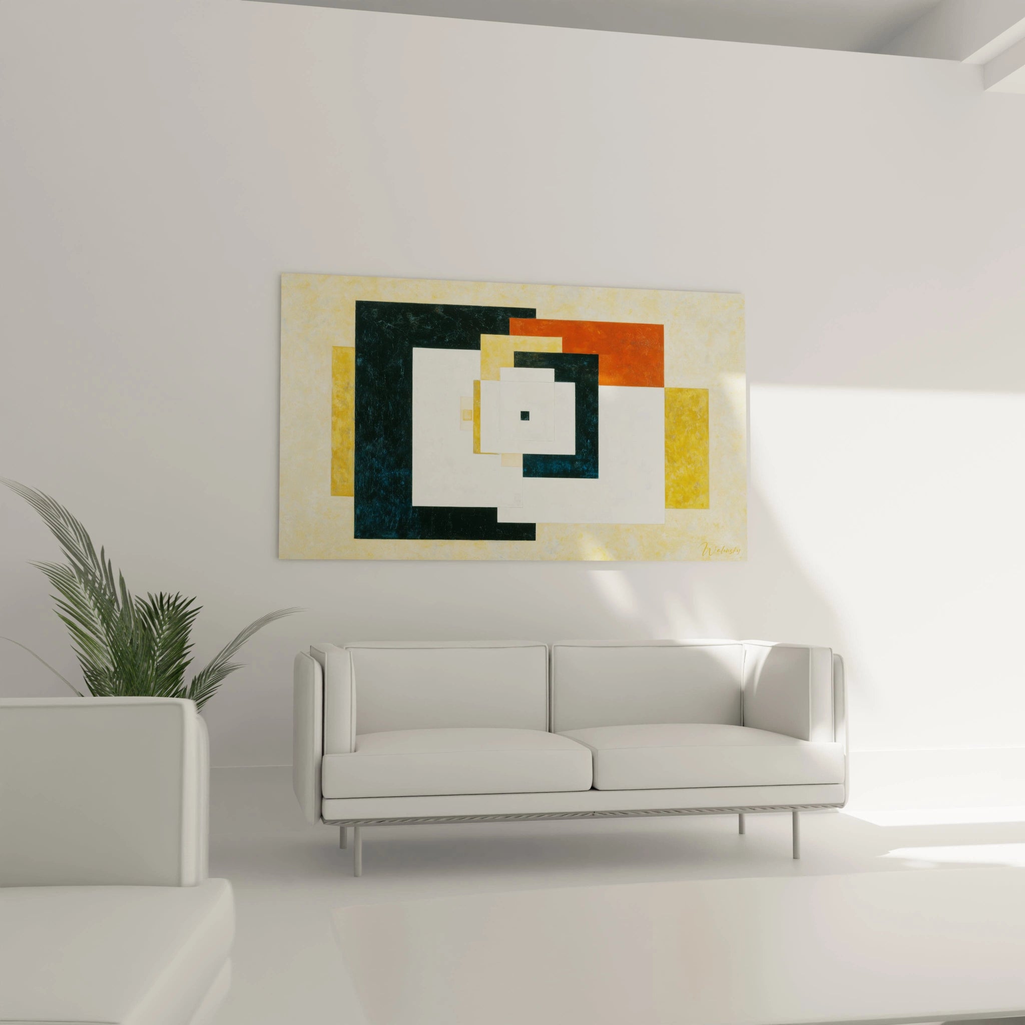 tableau constructivisme moderne mural Walensky abstrait géométrique rectangles verts orange et jaune dans salon minimaliste