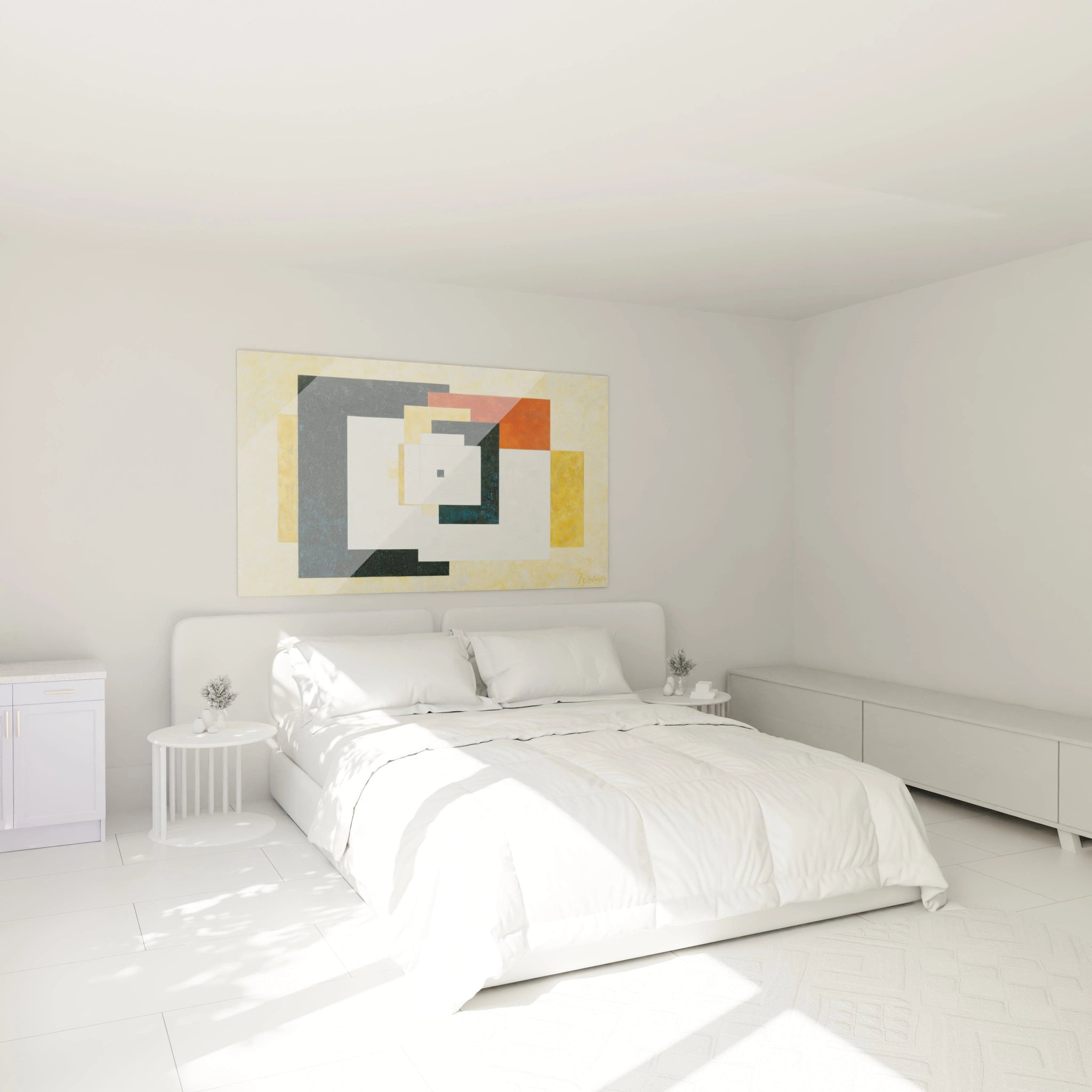tableau constructivisme moderne Walensky accroche au dessus d un grand lit blanc dans une chambre minimaliste lumineuse