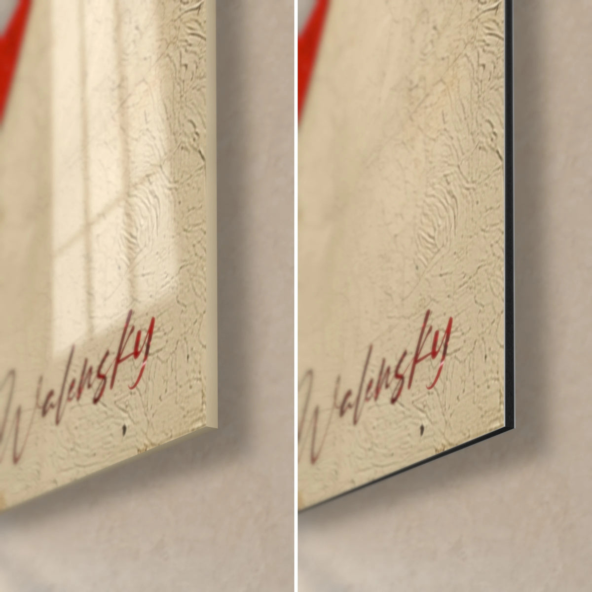 Wall art with painted circles and rectangles, bottom right corner: glossy glass on the left, matte beige Dibond on the right, black edge