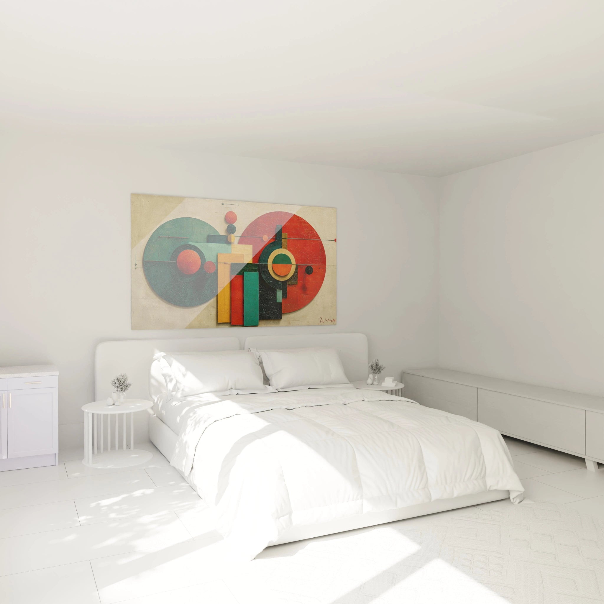 tableau géométrique Bauhaus Walensky accroché au dessus d un lit dans une chambre blanche minimaliste et lumineuse