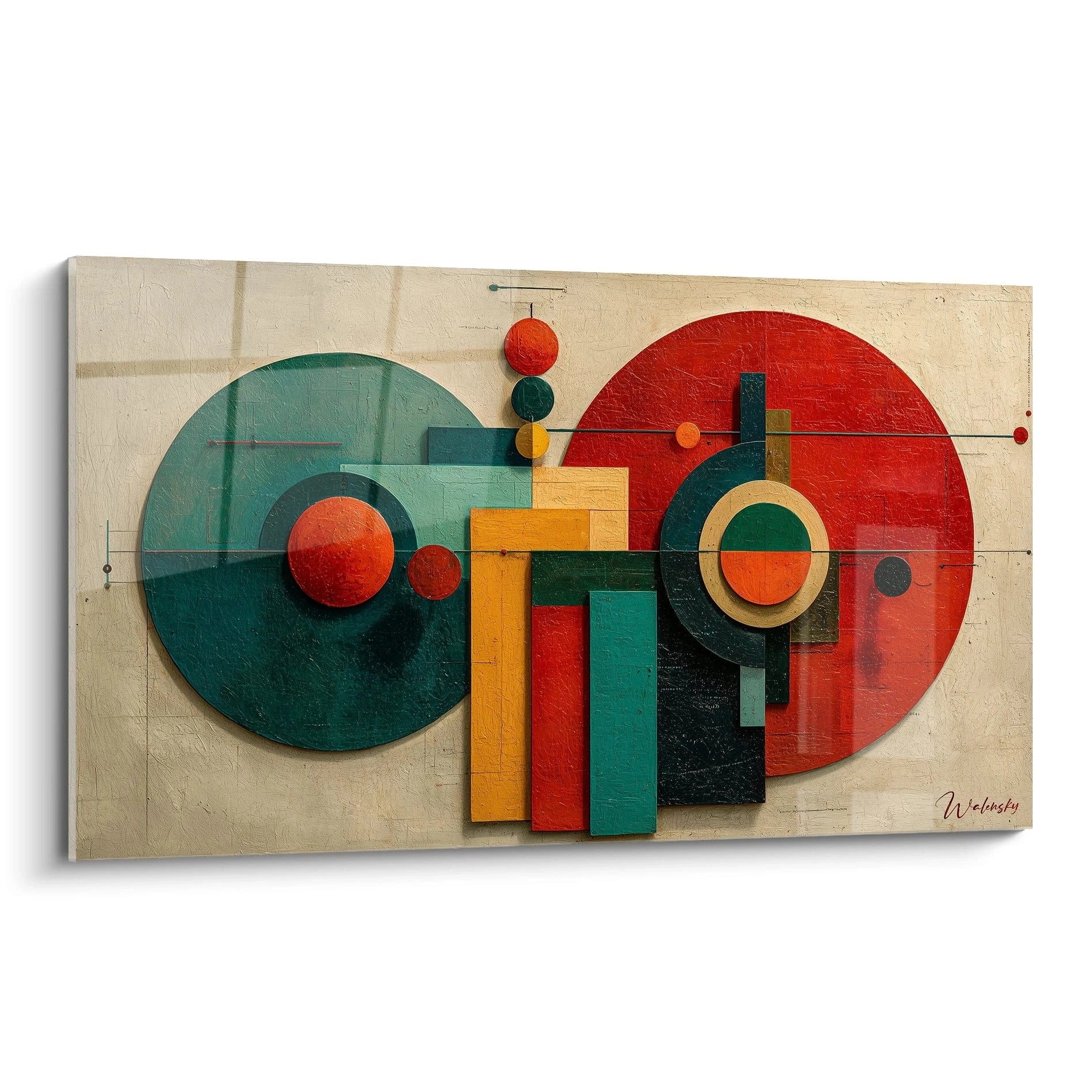 Walensky tableau géométrique Bauhaus mural abstrait avec formes circulaires et rectangulaires rouge vert jaune