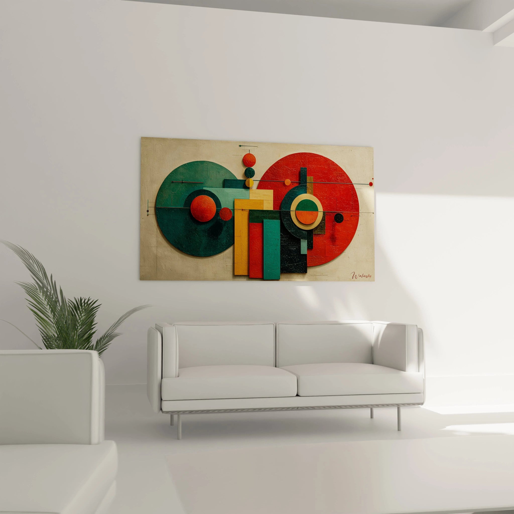 tableau géométrique Bauhaus Walensky mural abstrait avec grands cercles rouge et vert et formes rectangulaires