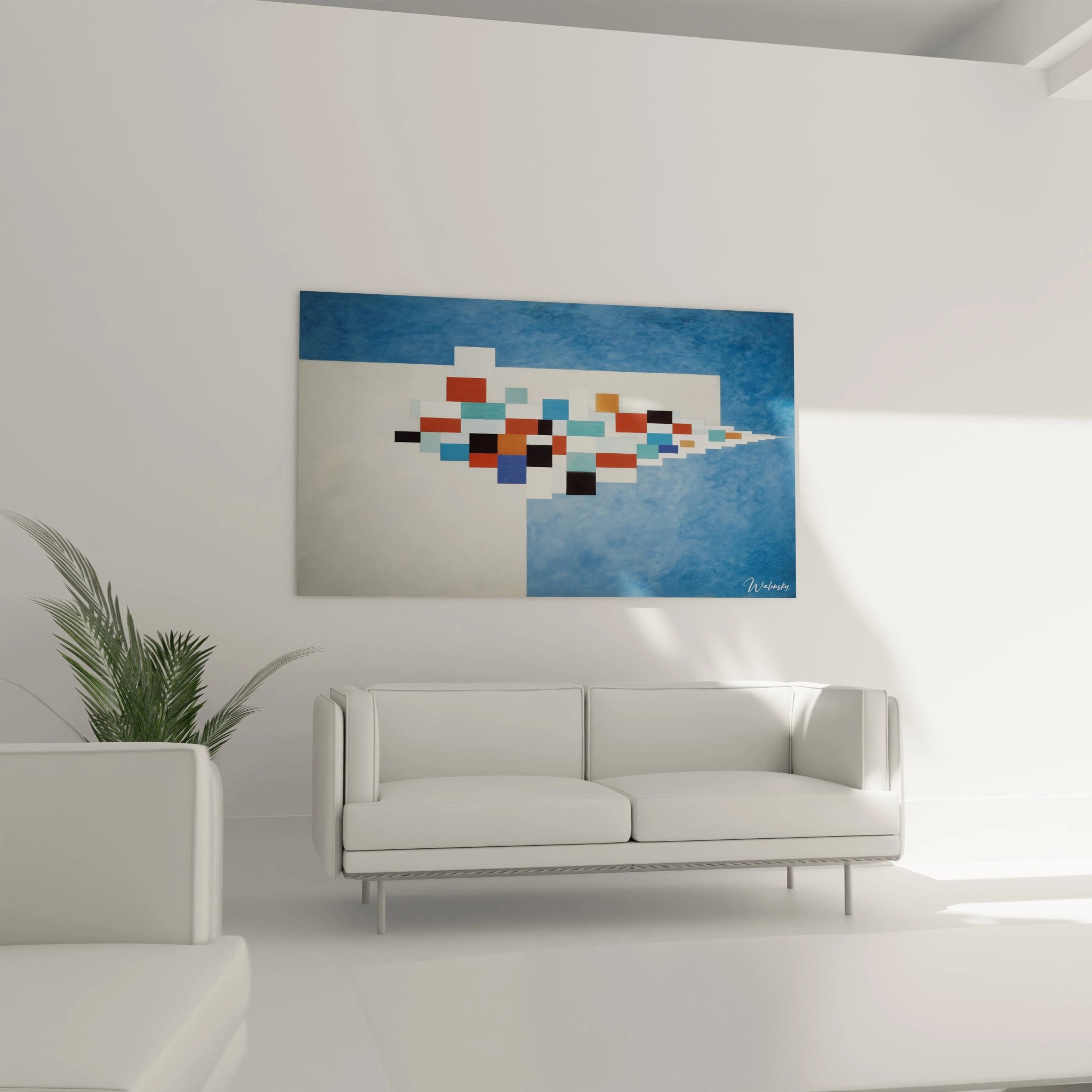 Tableau mural Walensky tableau géométrique constructivisme carrés colorés sur fond bleu et blanc au dessus d un canapé