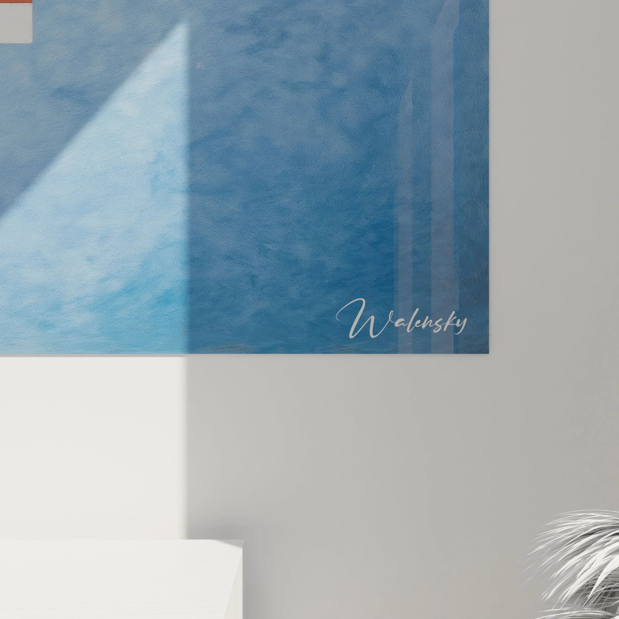 tableau géométrique constructivisme Walensky mural bleu abstrait signé ombres et coin de meuble minimaliste