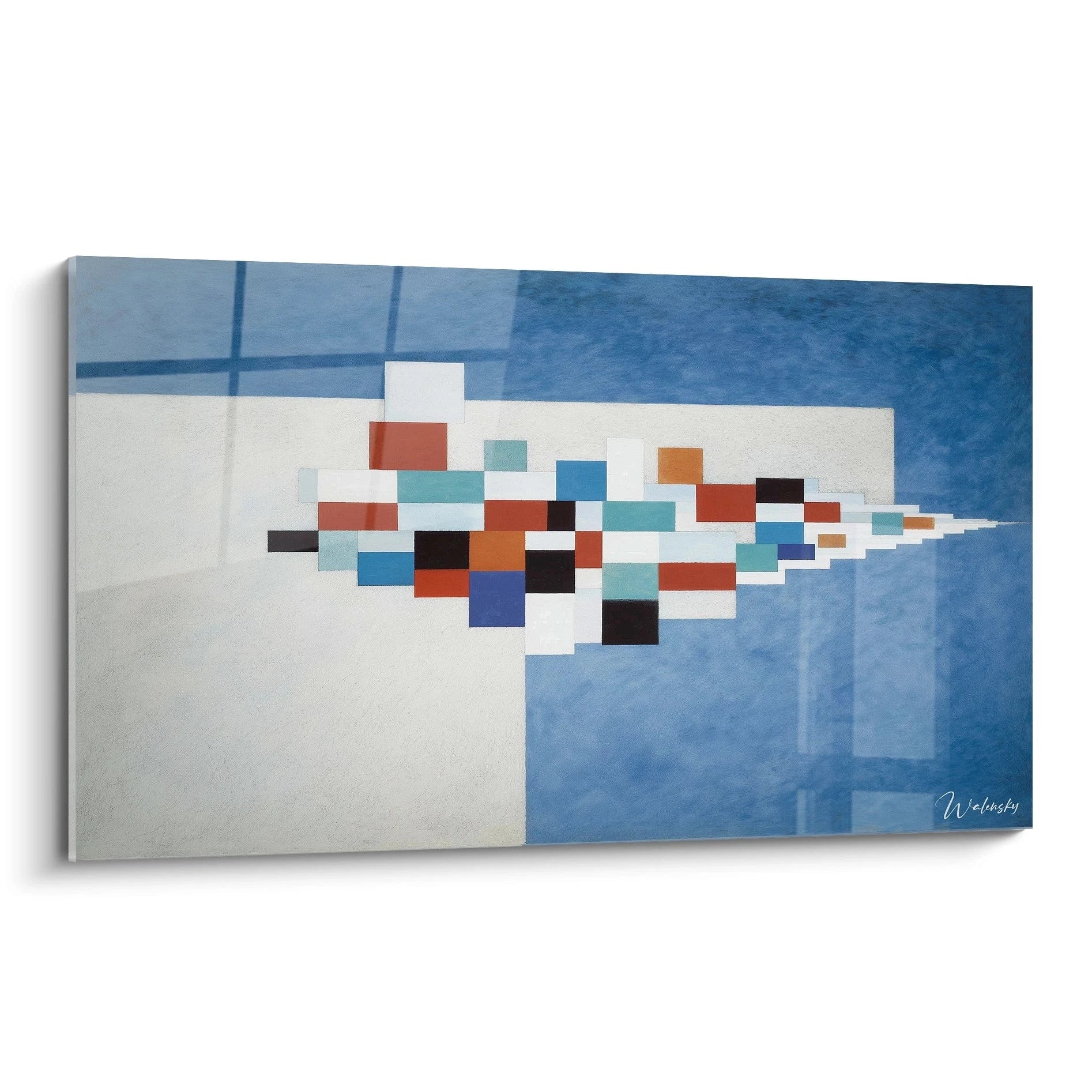 Walensky tableau géométrique constructivisme sur toile murale bleue et blanche avec formes rectangulaires en perspective