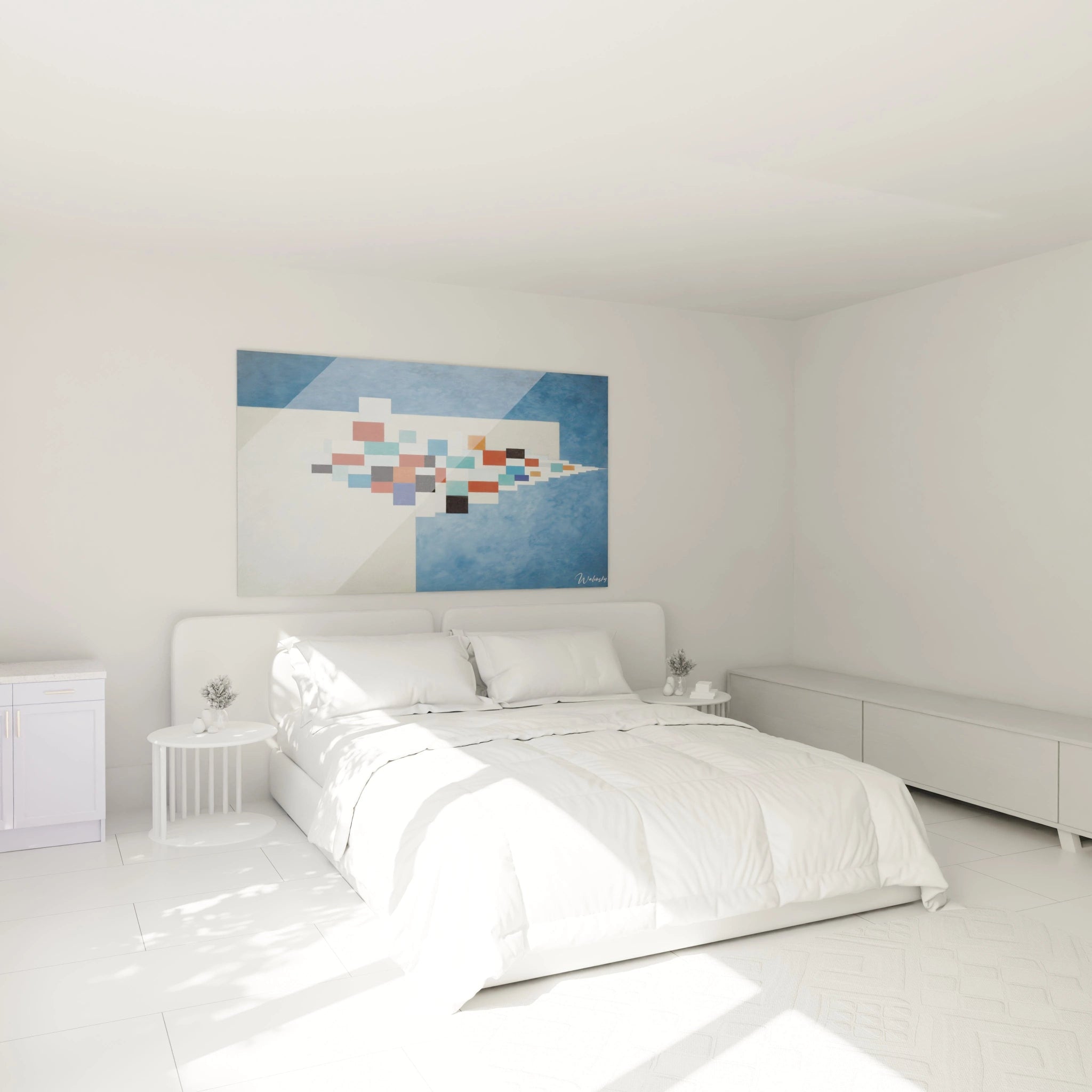 Walensky tableau géométrique constructivisme bleu avec formes colorées accroché au dessus d un lit blanc minimaliste