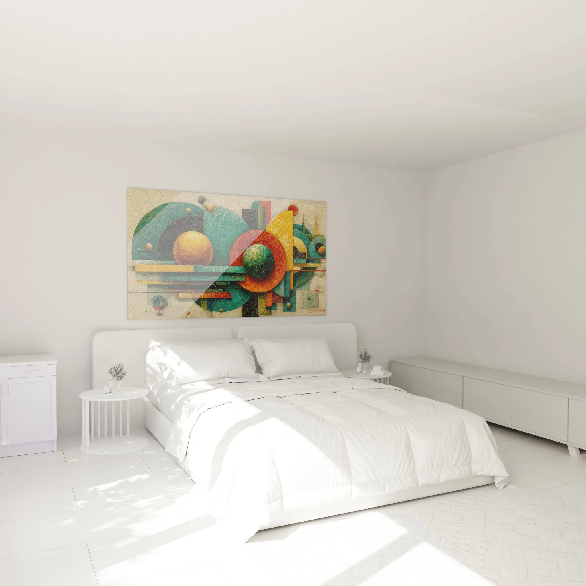 Tableau mural Walensky dans chambre minimaliste blanc avec tableau géométrique bauhaus coloré au dessus du lit