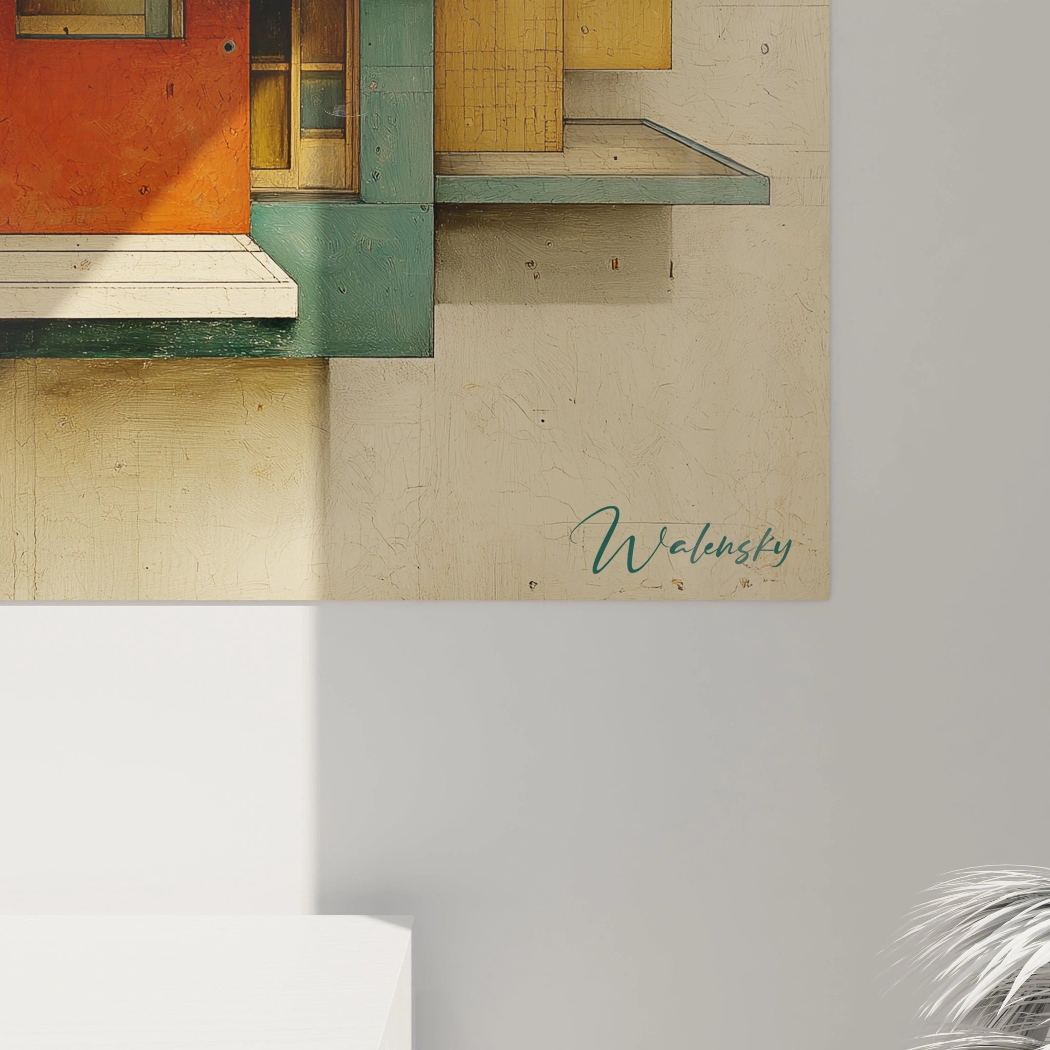 Tableau mural Walensky montrant composition abstraite aux formes rectangulaires orange et vert tableau géométrique bauhaus