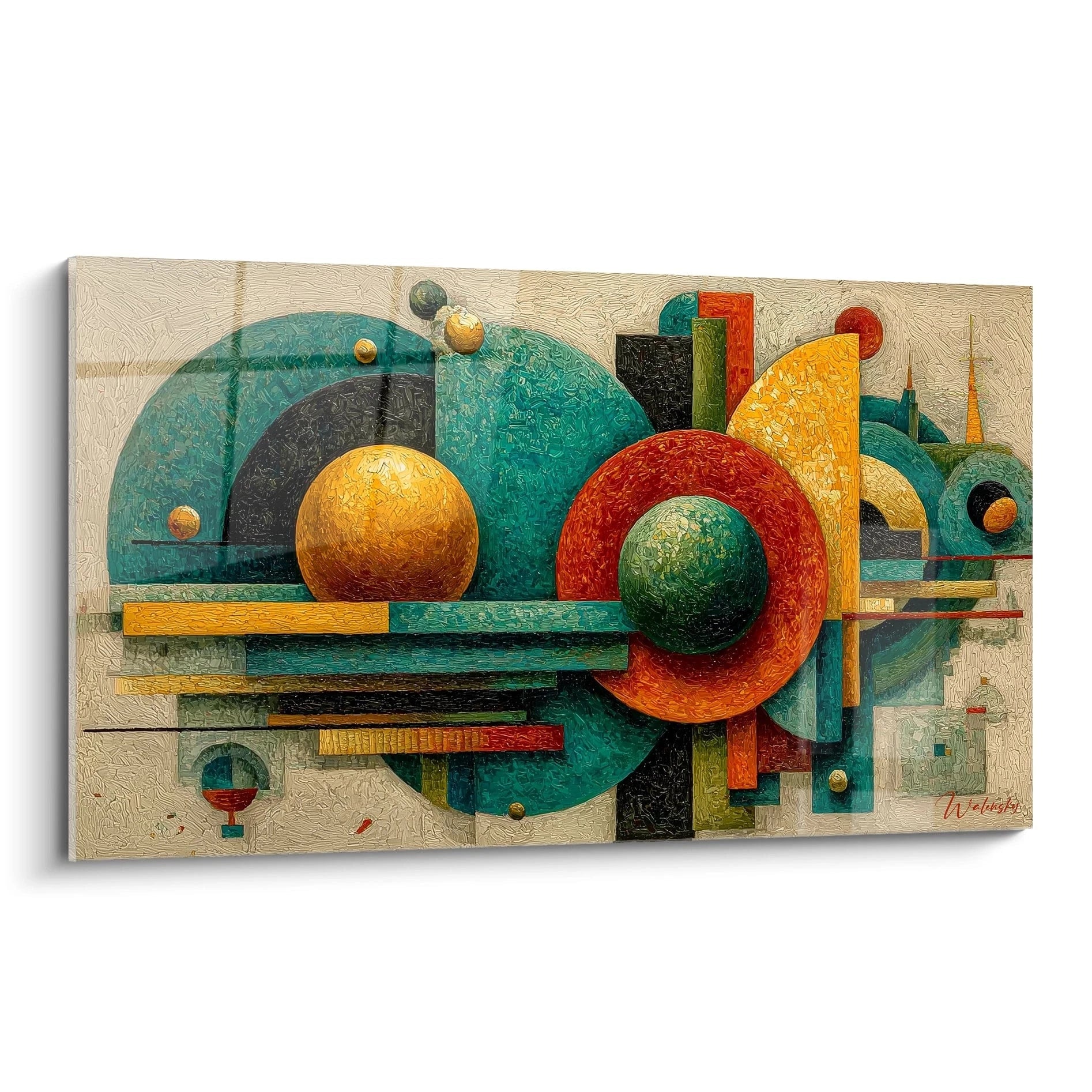 Tableau mural Walensky tableau géométrique bauhaus texturé motifs ronds et rectangles couleurs vert bleu jaune et rouge