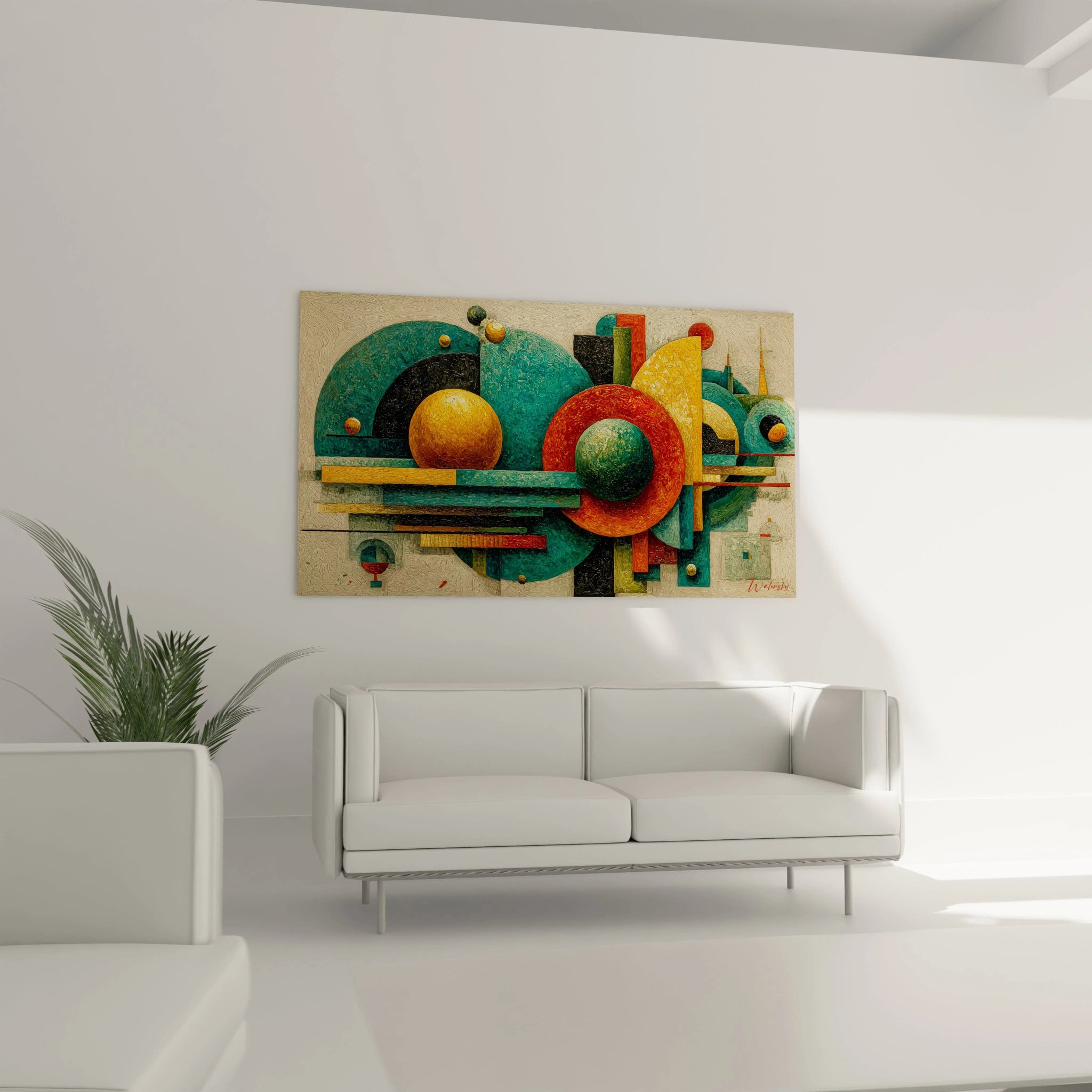 Tableau mural tableau géométrique bauhaus en toile colorée formes circulaires et lignes modernes au dessus d un canapé blanc