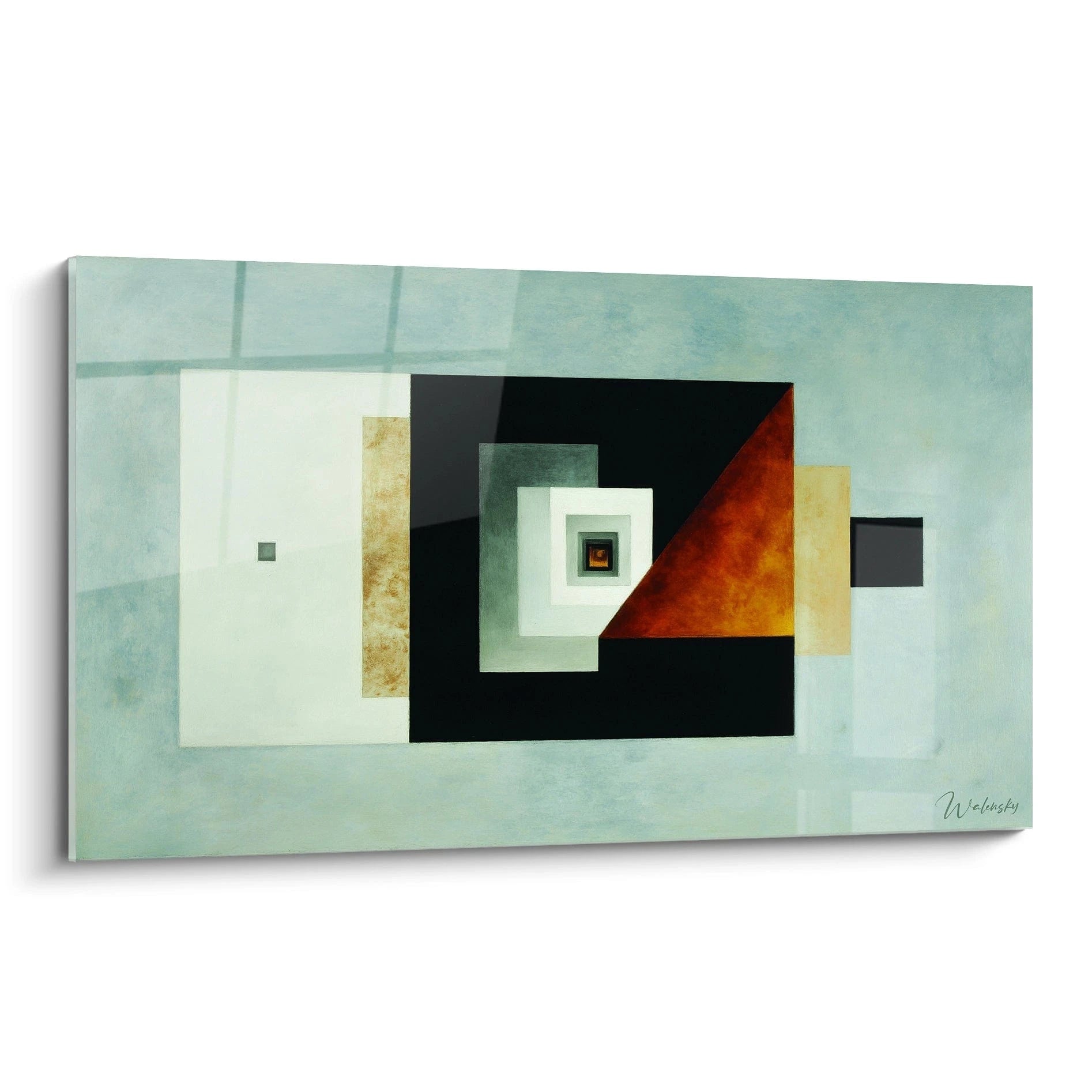 Walensky tableau constructivisme moderne peinture murale géométrique carrés concentriques tons bleu noir et rouille pour salon