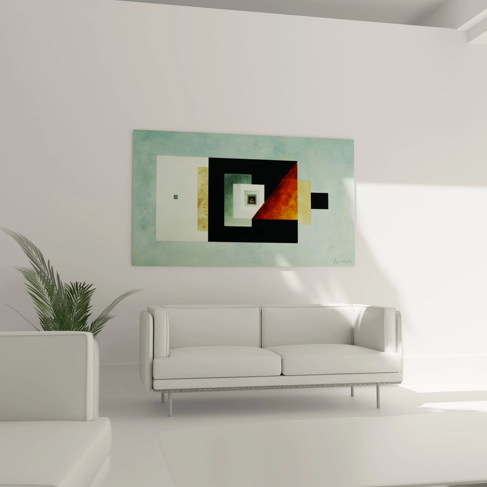 tableau constructivisme moderne Walensky mural vert noir orange avec formes geometriques concentriques au dessus de sofa blanc