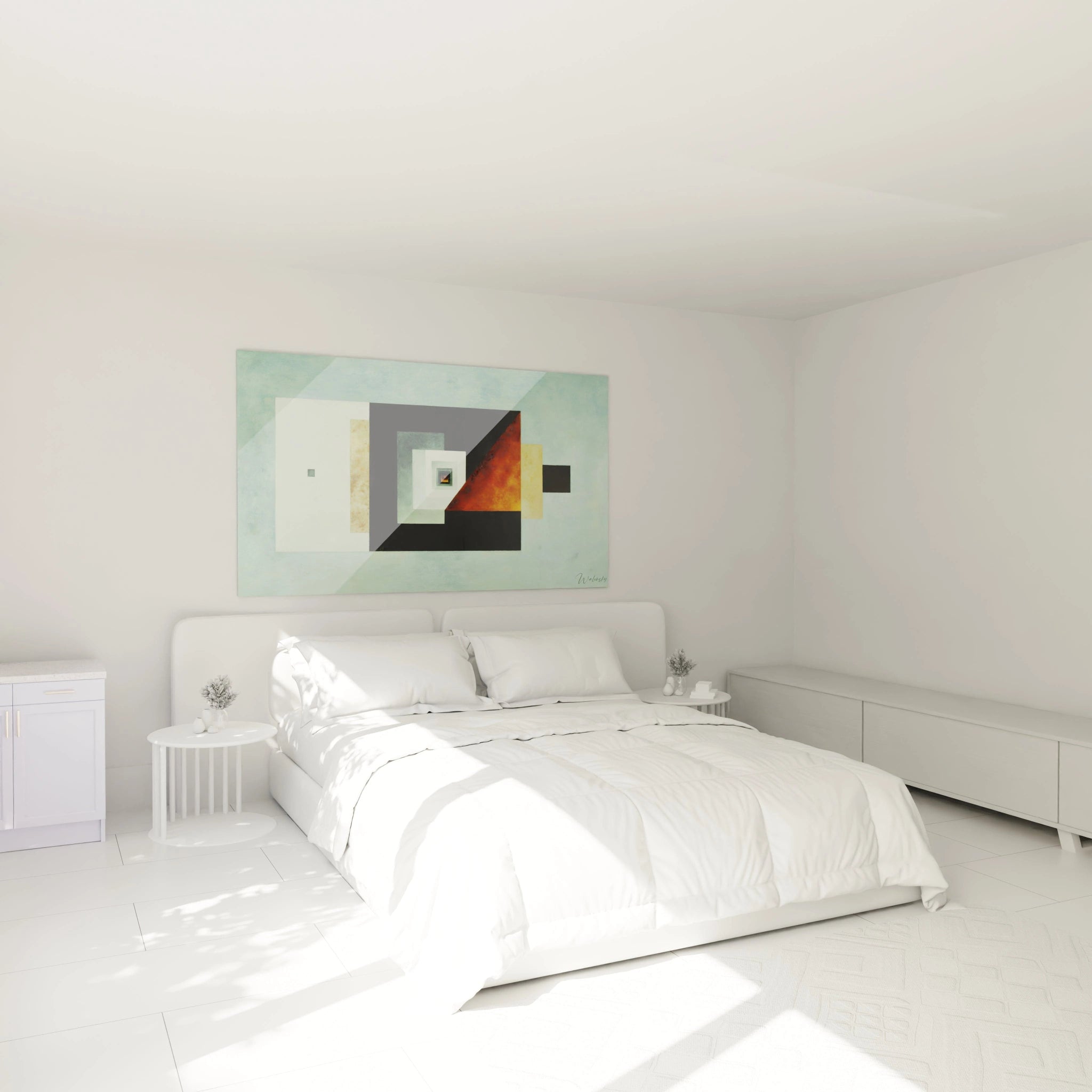 tableau constructivisme moderne Walensky accroché au dessus d un lit blanc minimaliste dans une chambre lumineuse et épurée