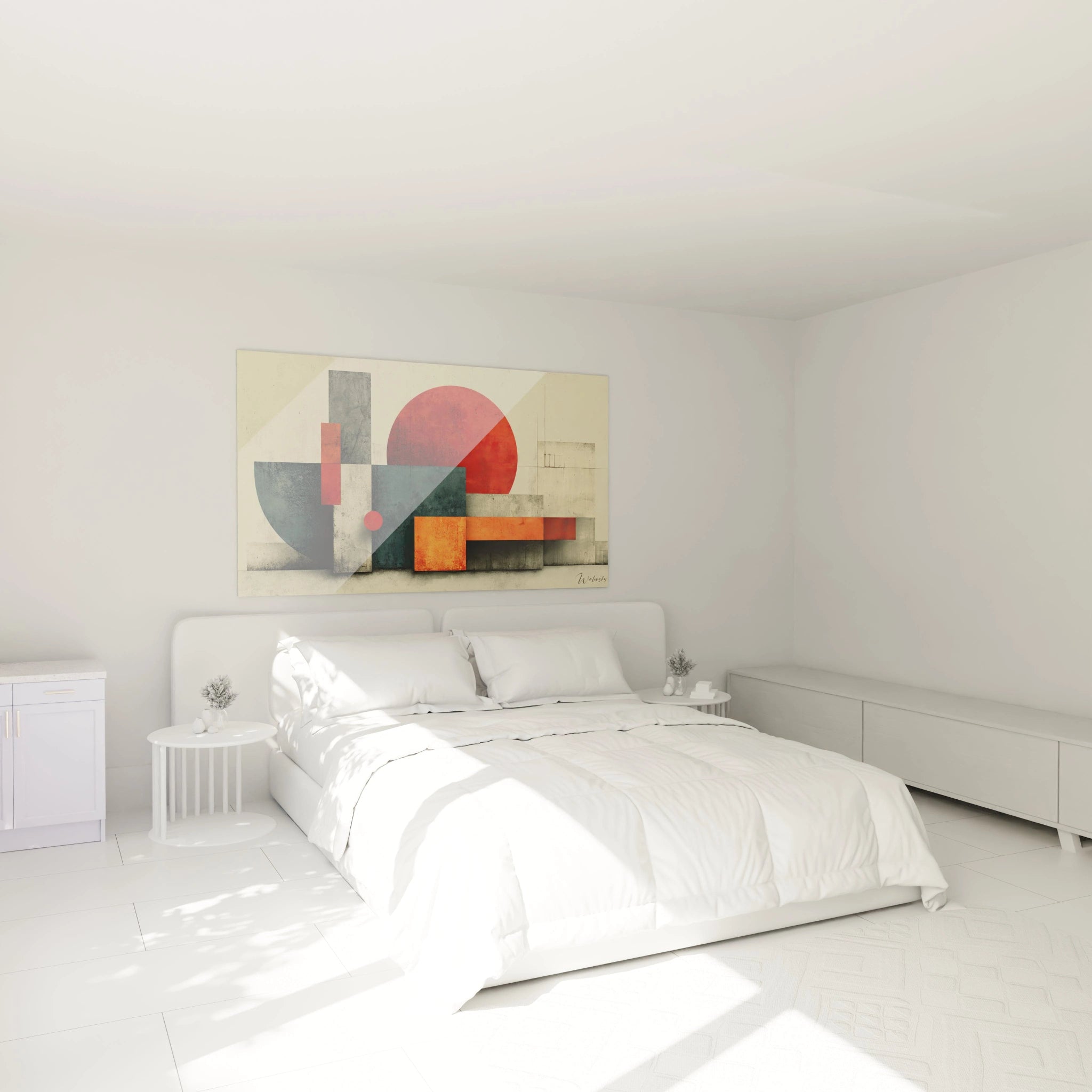 tableau géométrique bauhaus Walensky accroché au dessus d un lit moderne blanc dans une chambre minimaliste et lumineuse