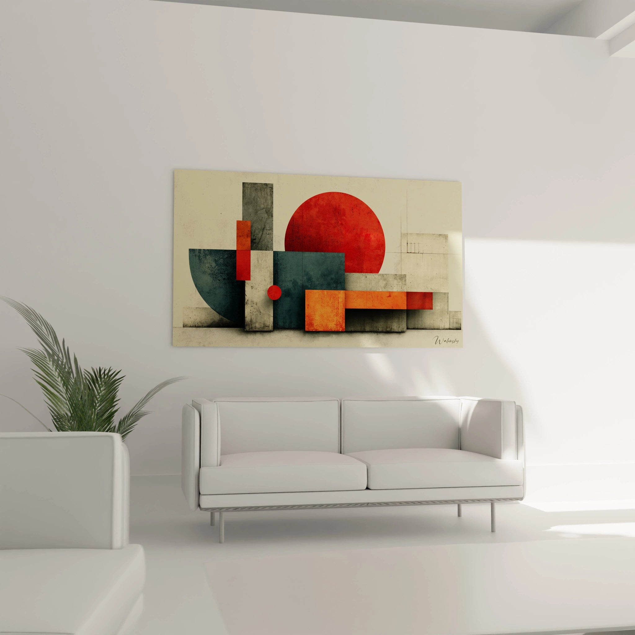 tableau géométrique bauhaus Walensky accroché au dessus d un canapé blanc avec cercle rouge et rectangles ocres et bleu vert