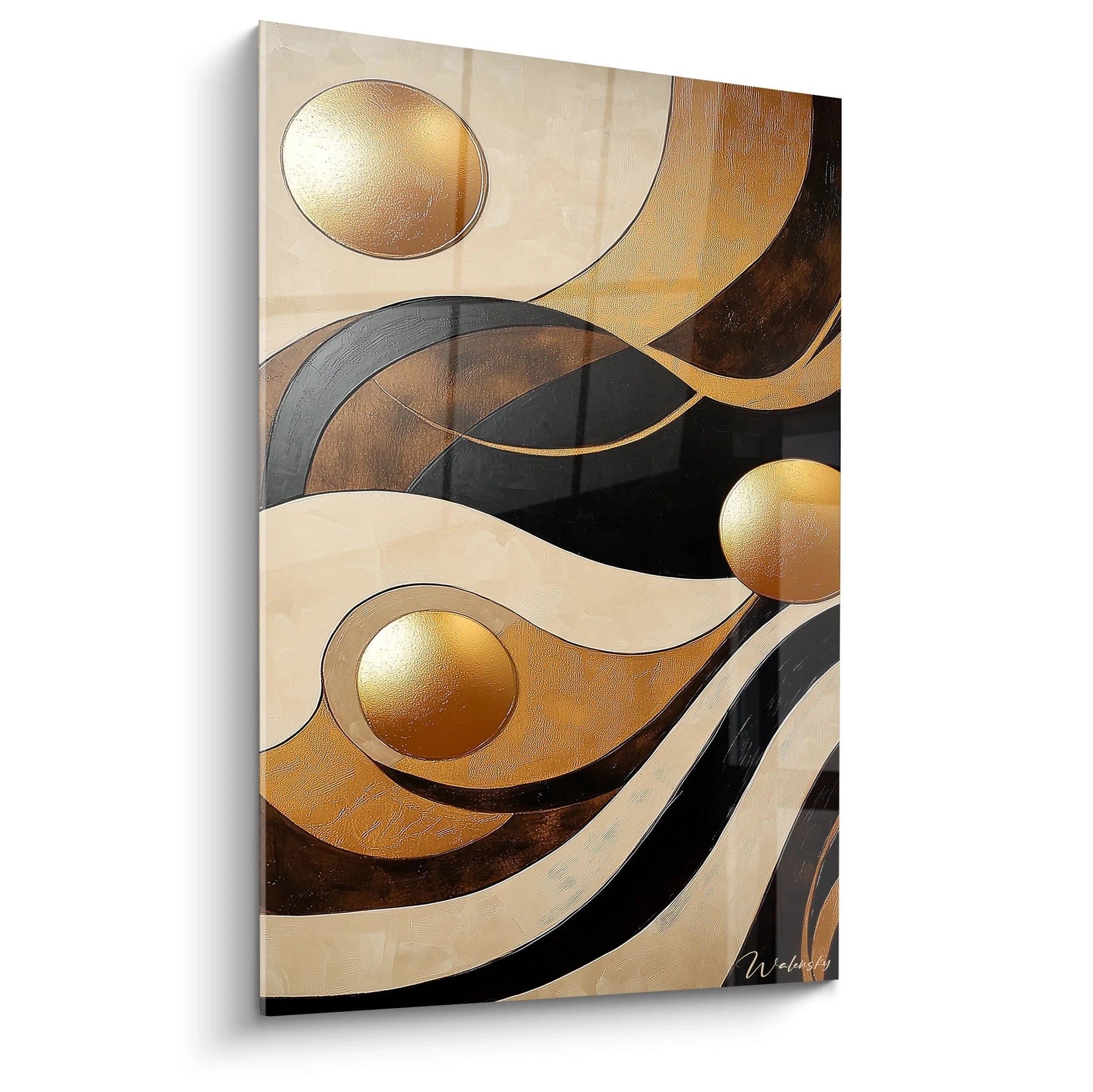 Tableau africain mural Walensky avec motifs abstraits dorés et formes ondulées en noir et brun