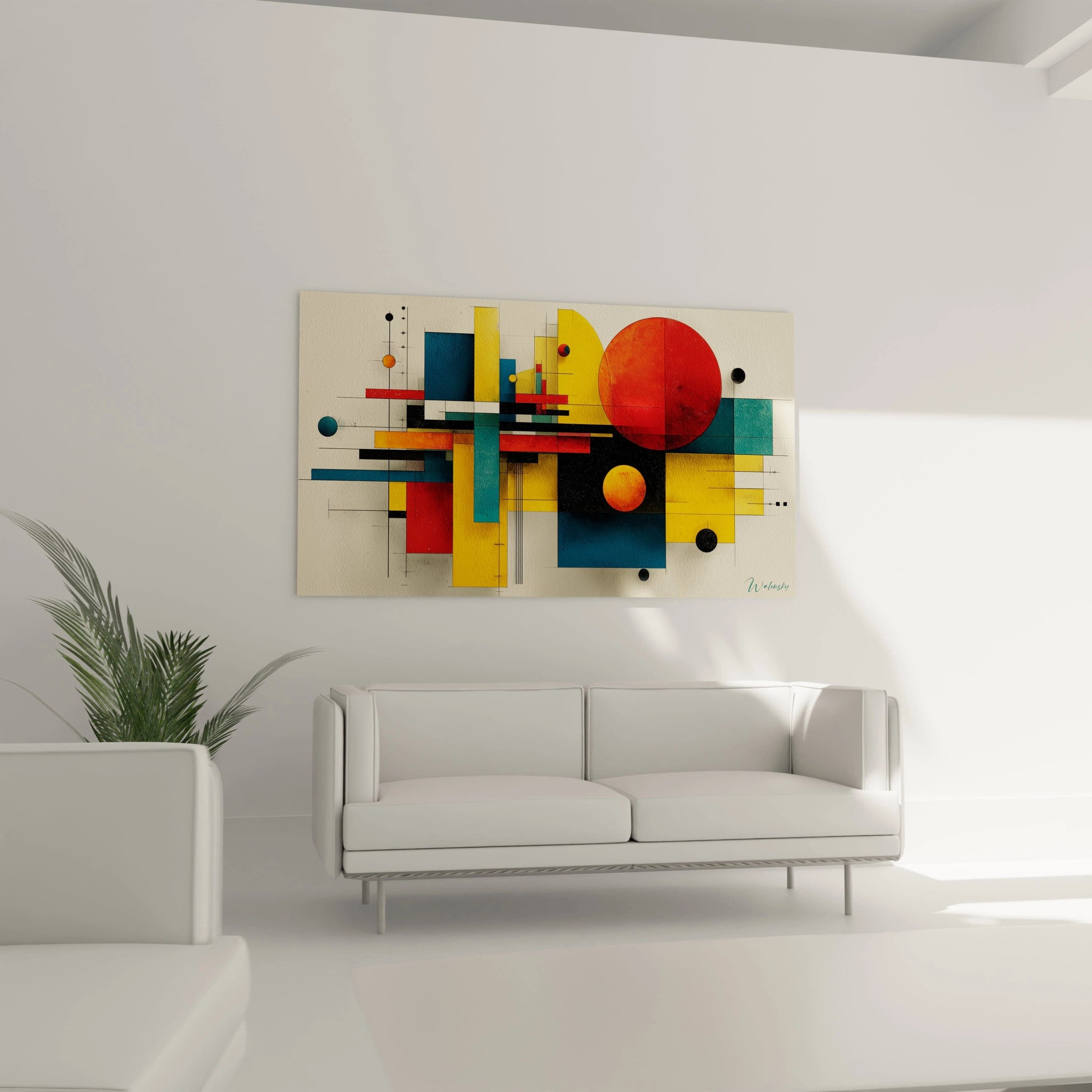 Walensky tableau géométrique rouge Bauhaus mural contemporain avec cercles et rectangles colorés