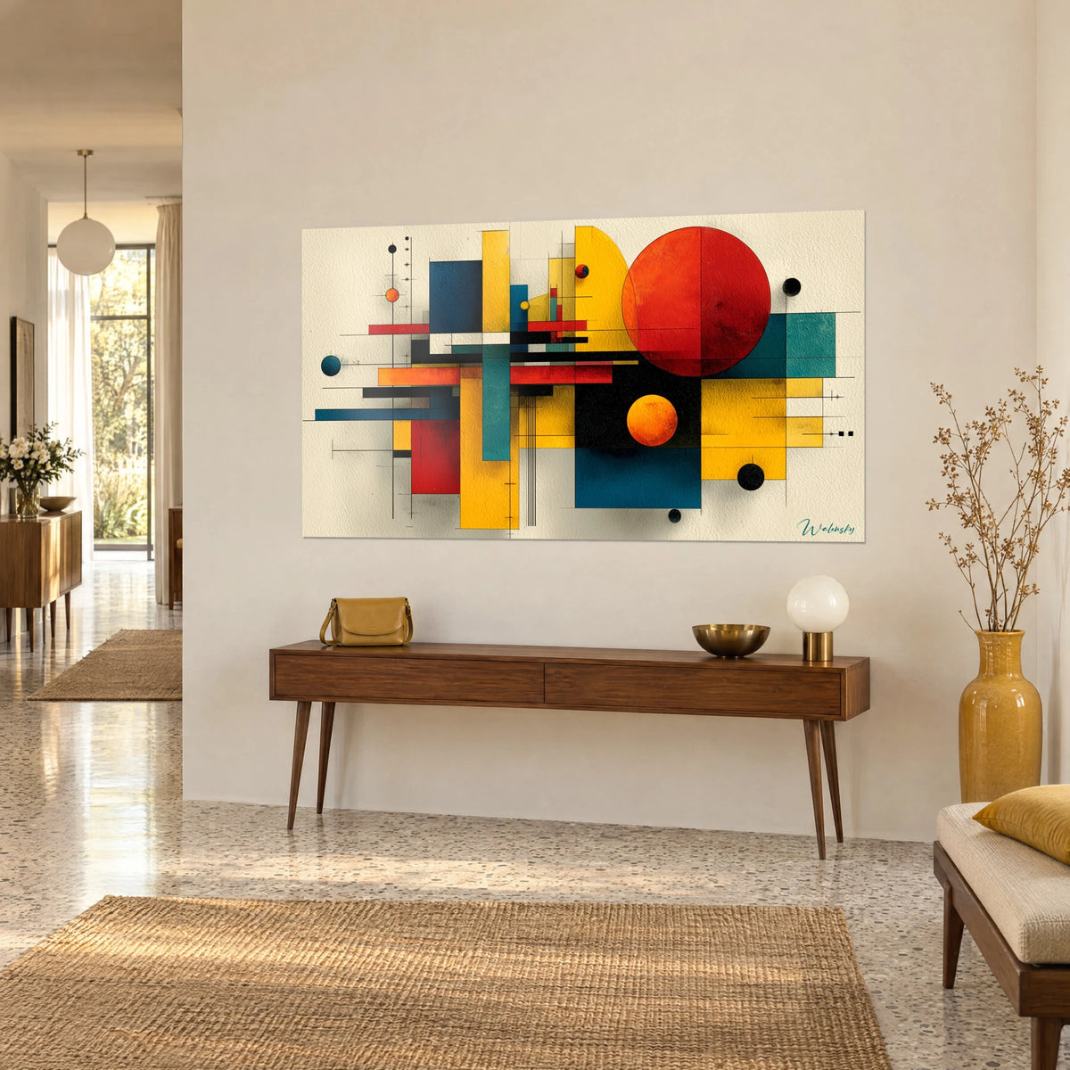 Cuadro de arte geométrico con círculo escarlata y campos ocre y turquesa, visto de tres cuartos sobre una consola de madera, pasillo luminoso
