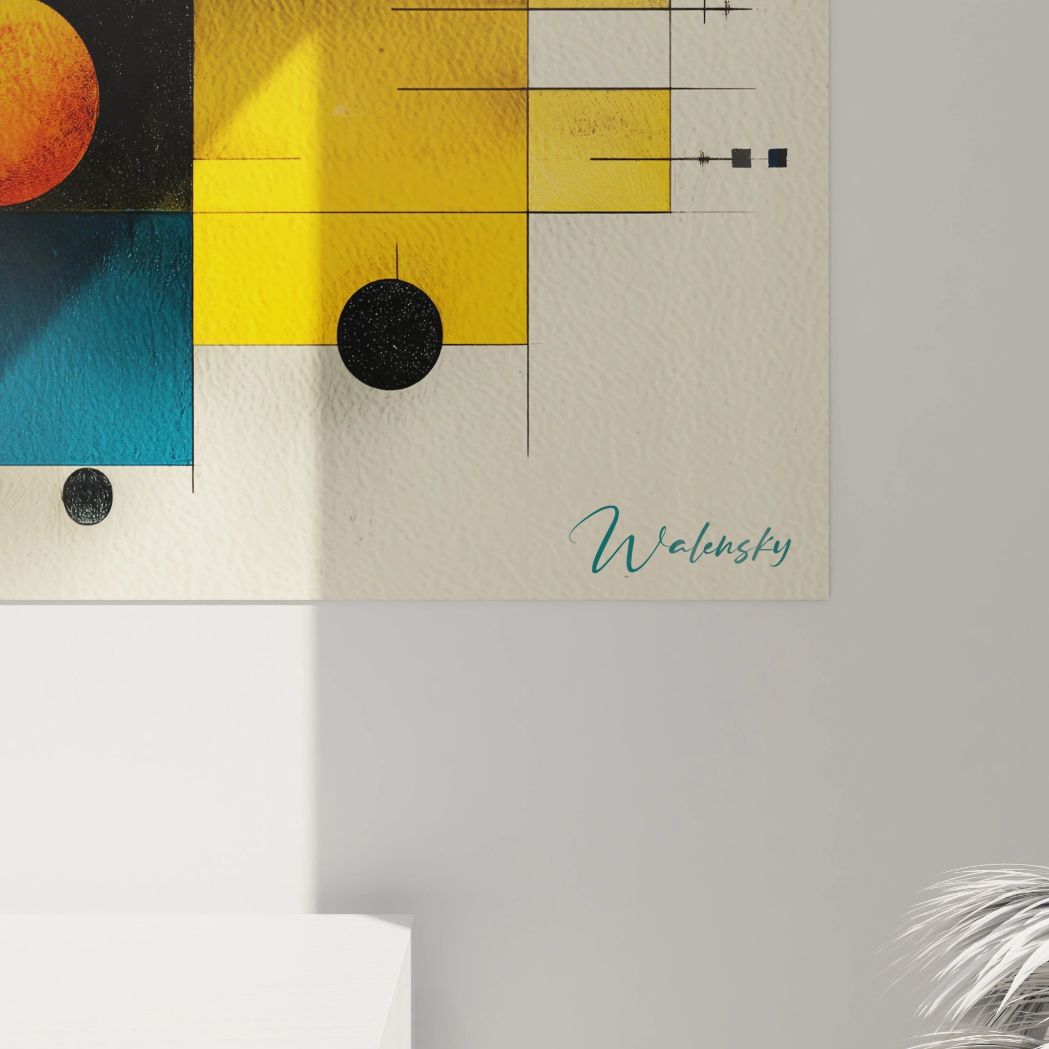 Walensky tableau mural abstrait avec formes carrées jaunes et bleues et cercles noirs tableau géométrique rouge Bauhaus