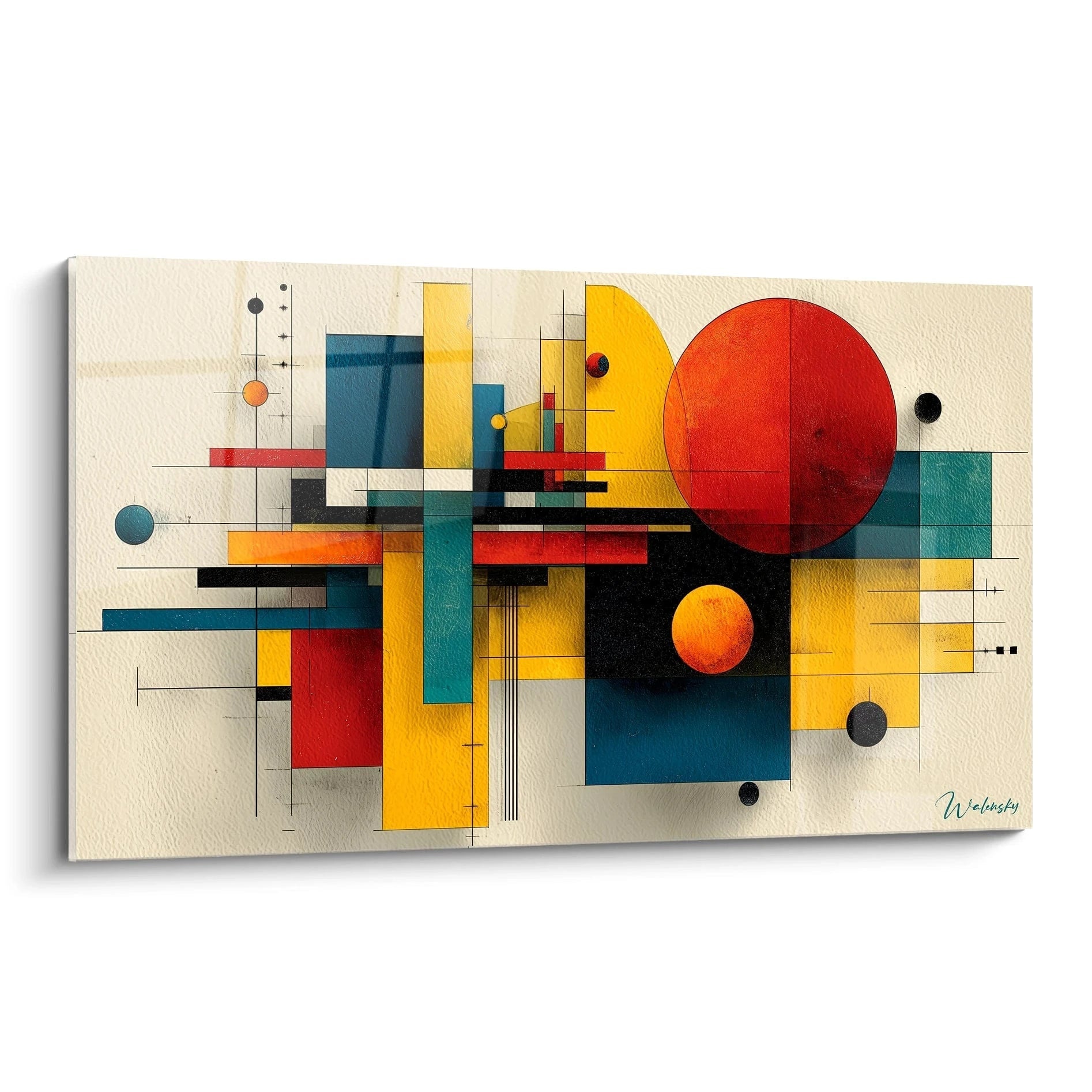 tableau géométrique rouge Bauhaus Walensky sur toile avec cercles rouges rectangles jaunes et bleus pour déco murale moderne