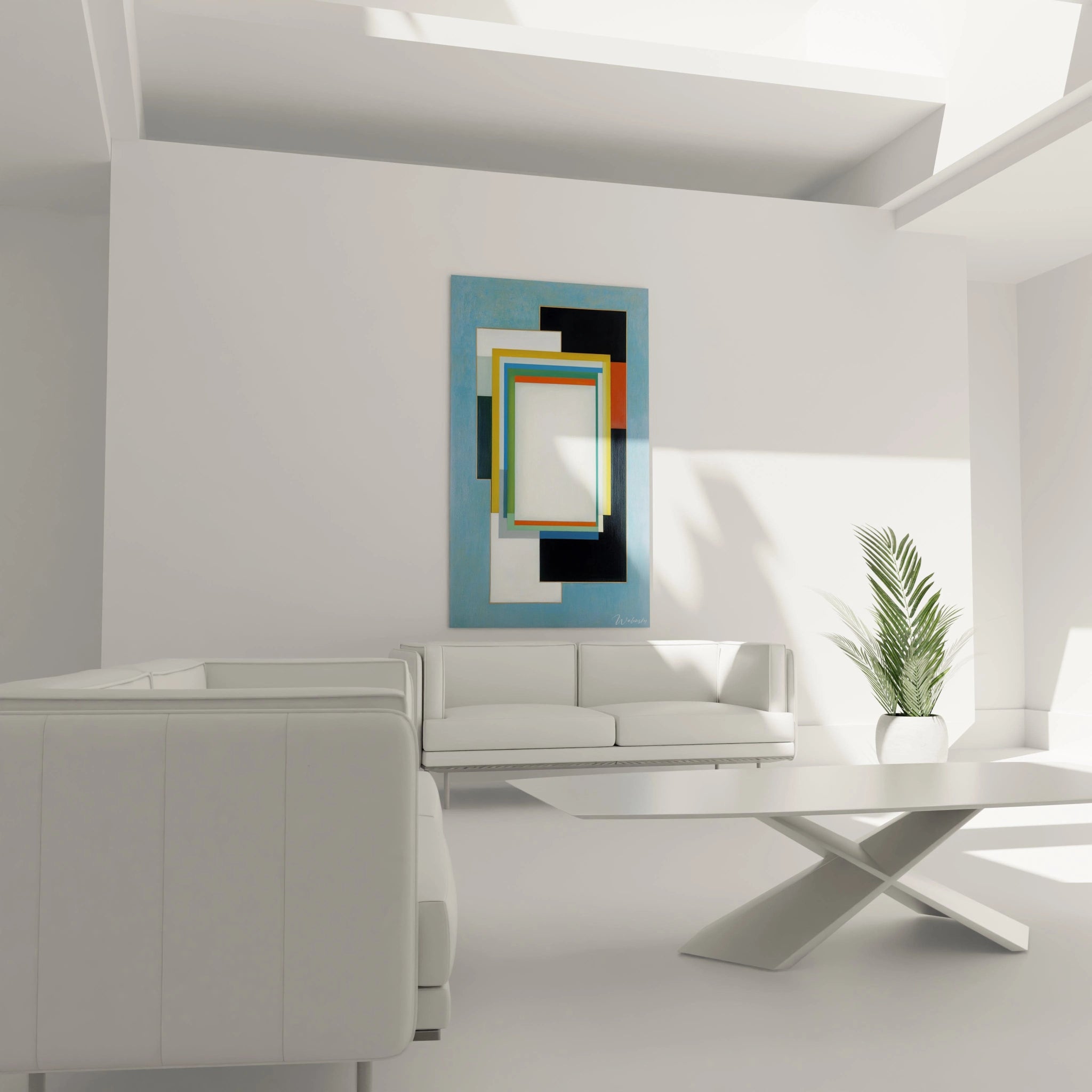 tableau constructivisme moderne Walensky accroche au mur d un salon minimaliste avec rectangles geometriques colores