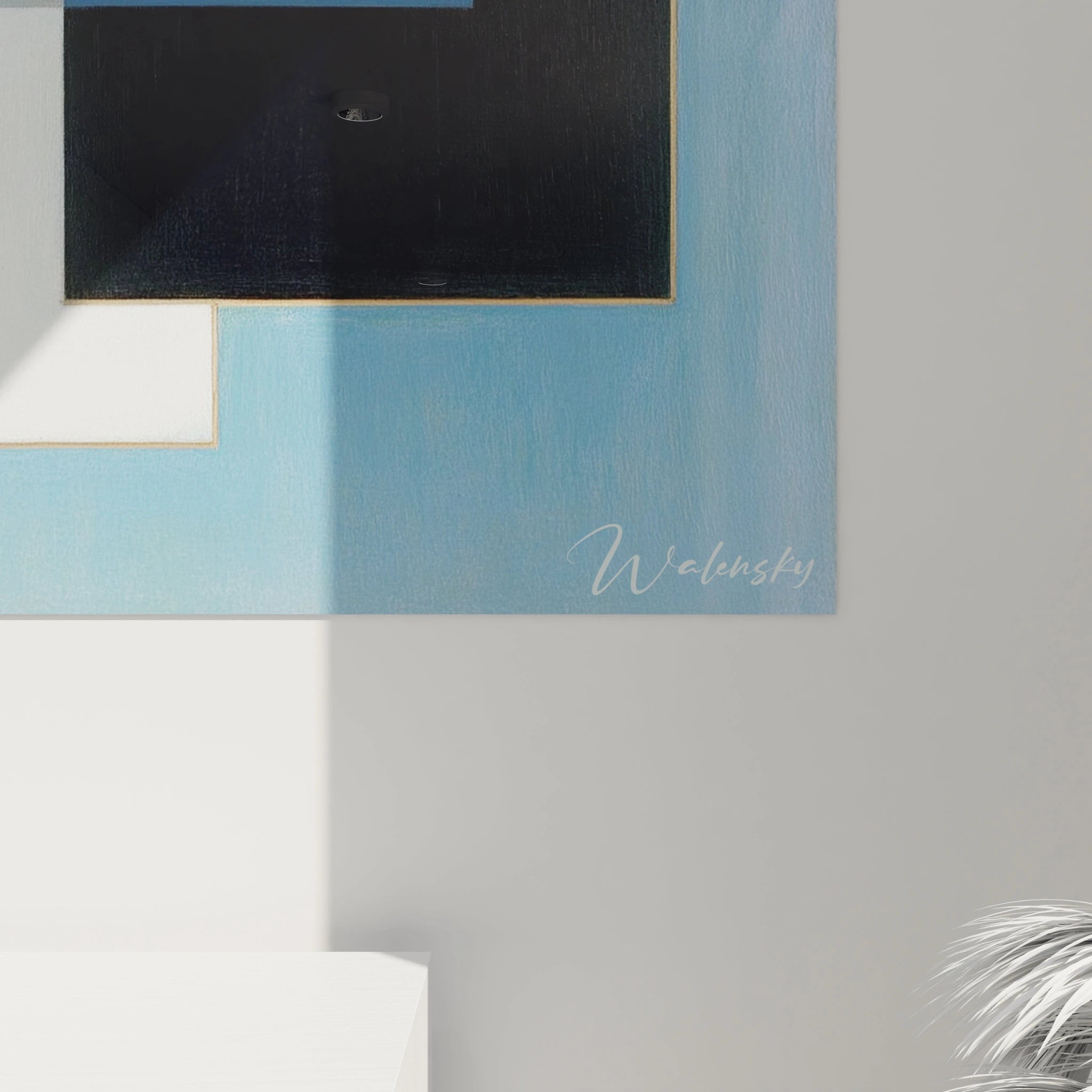 tableau constructivisme moderne mural Walensky bleu et noir minimaliste aux formes géométriques signé