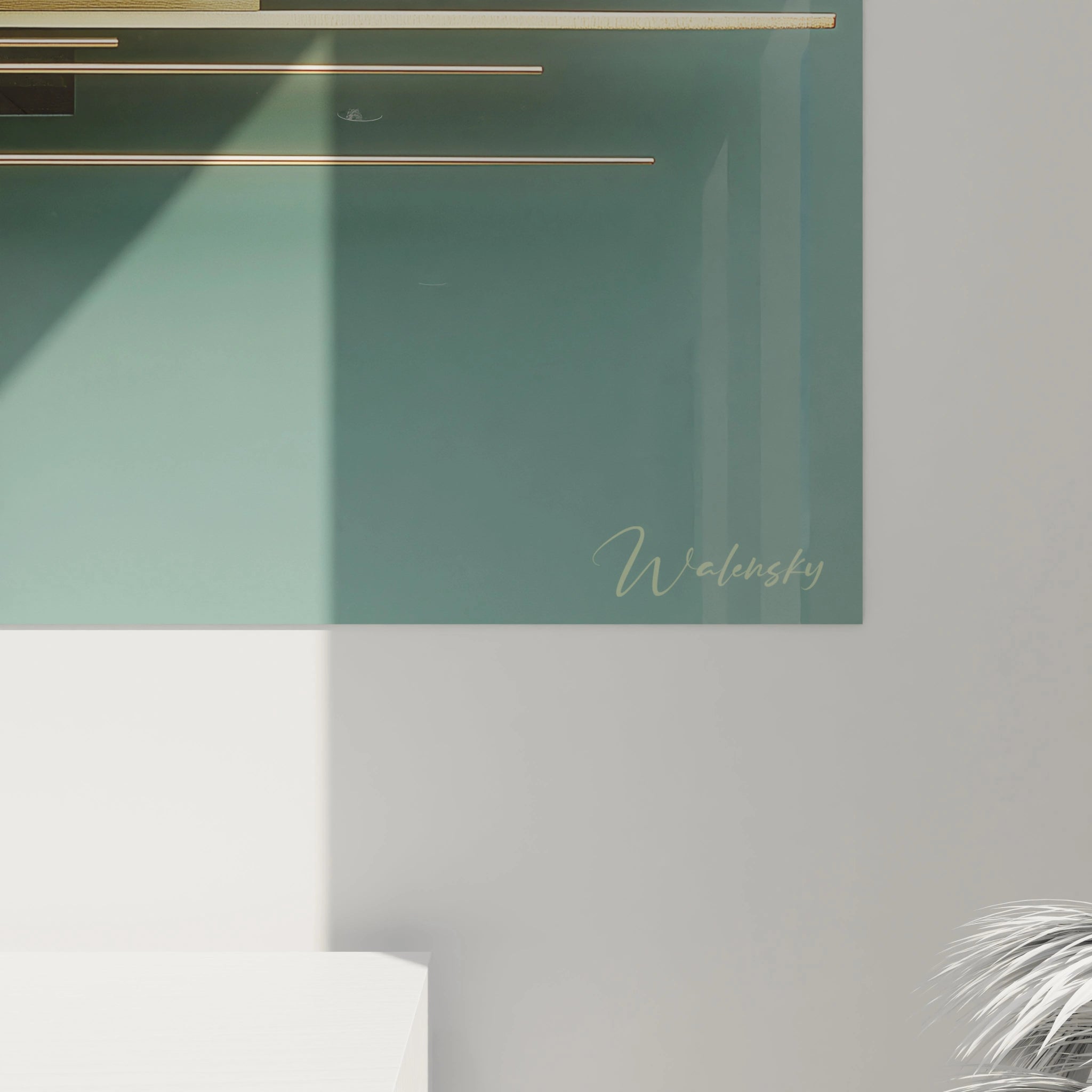 Tableau mural Walensky en verre vert avec lignes dorées minimalistes, éclairage et ombre, tableau géométrique Bauhaus