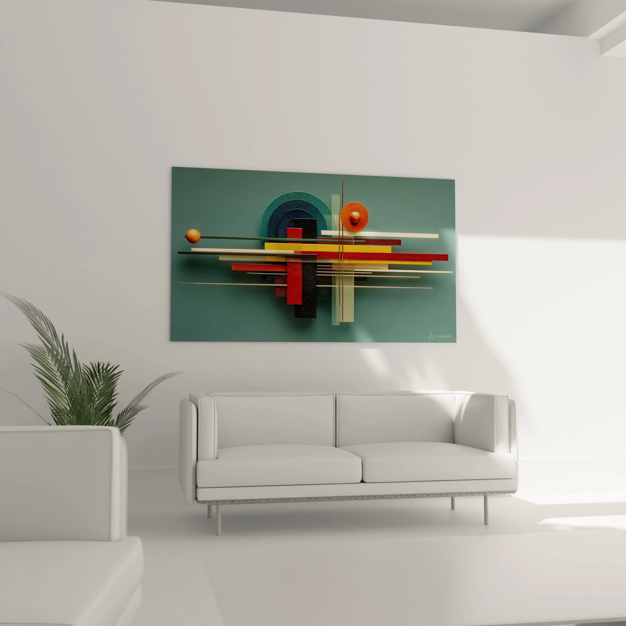 tableau géométrique Bauhaus Walensky mural abstrait vert avec formes rouges jaunes et noires au dessus d'un canapé blanc moderne