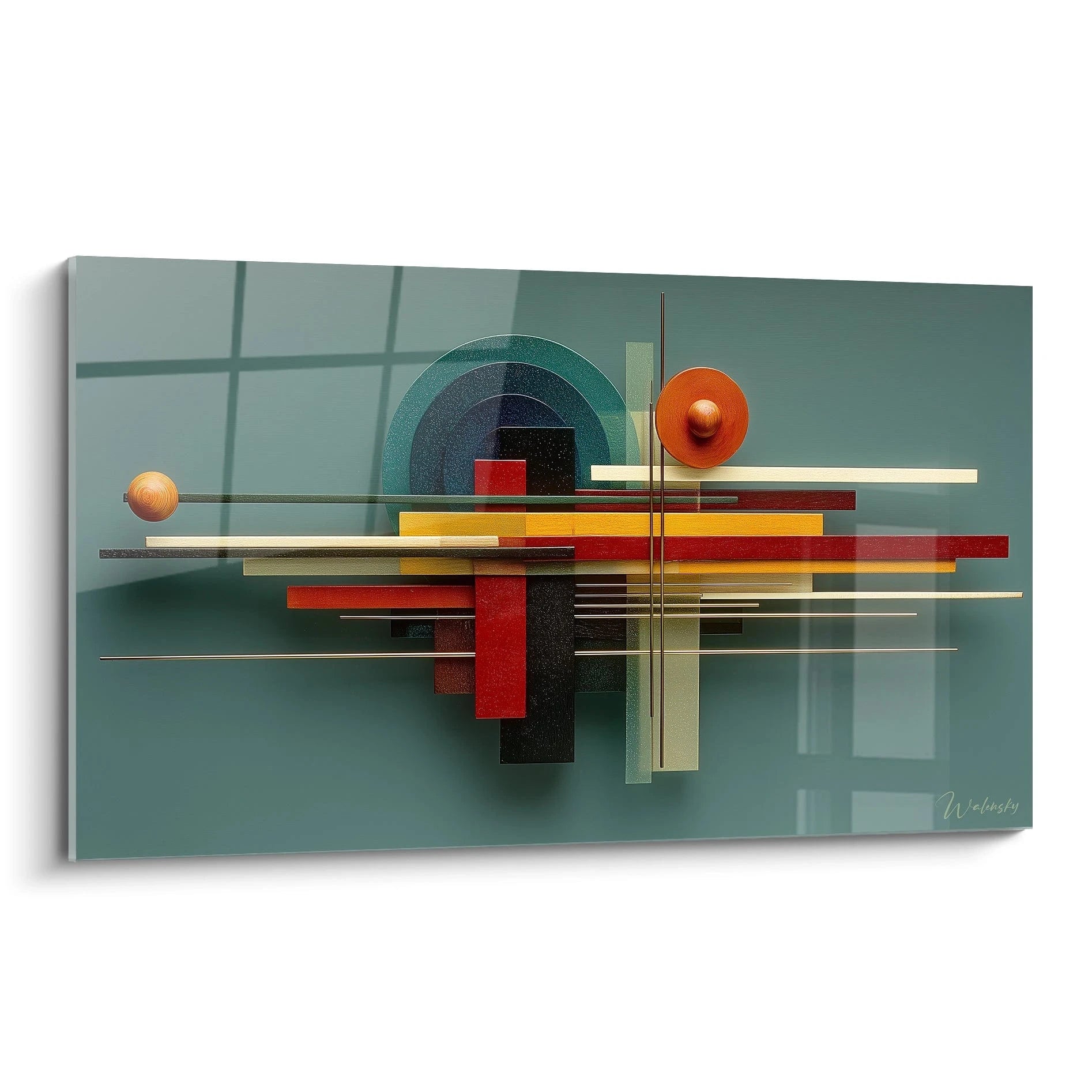 Walensky tableau géométrique Bauhaus sur toile murale vert avec rectangles superposés rouges jaunes noirs et cercles orange