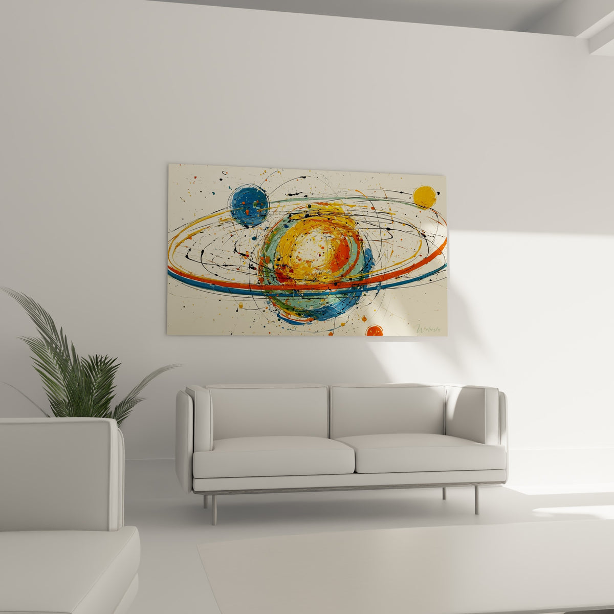 Orbites dorées et vertes entourant une planète orange au-dessus d'un canapé dans un salon lumineux