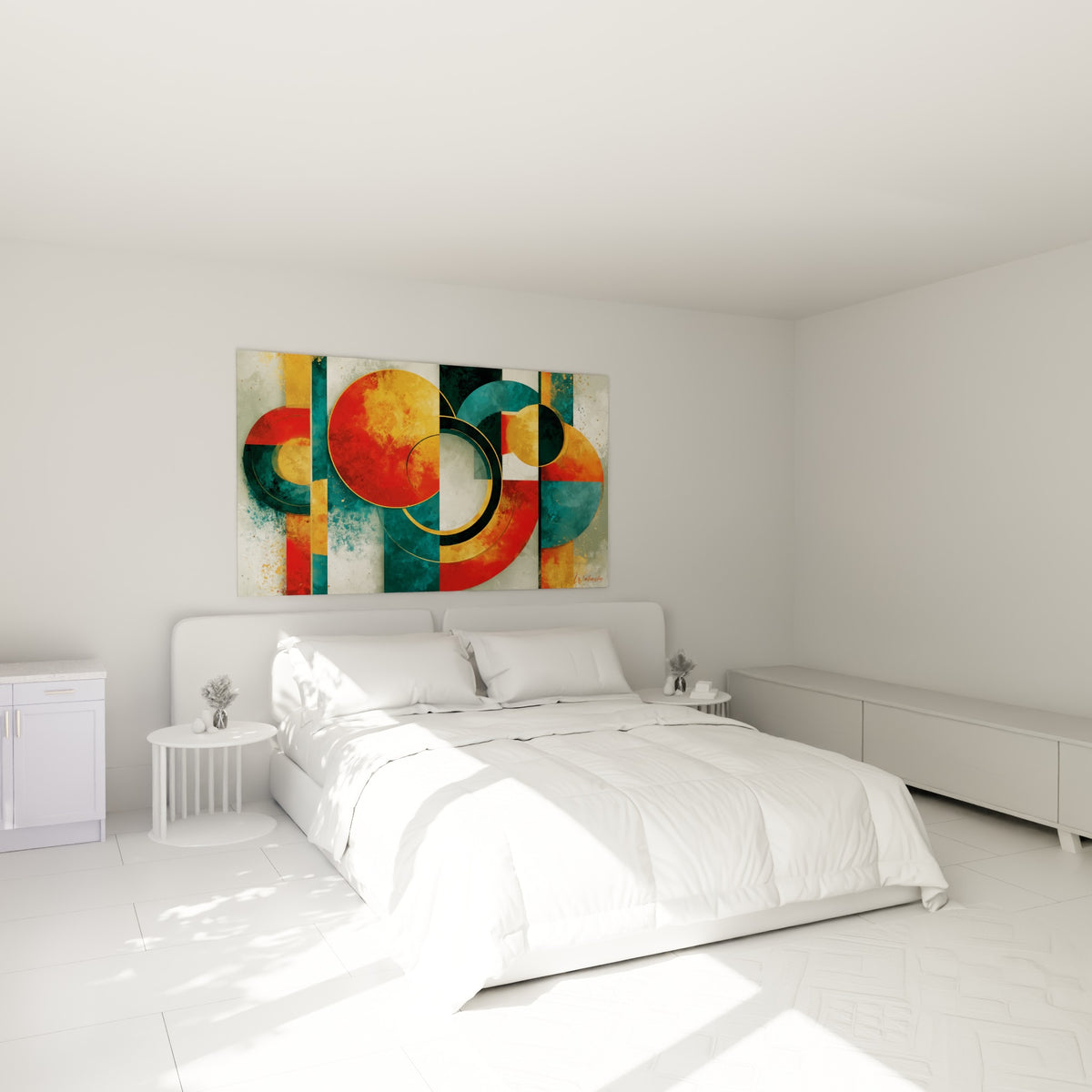 Anneaux dorés et rouges d'un tableau géométrique abstrait accrochés au-dessus d'un lit dans une chambre claire