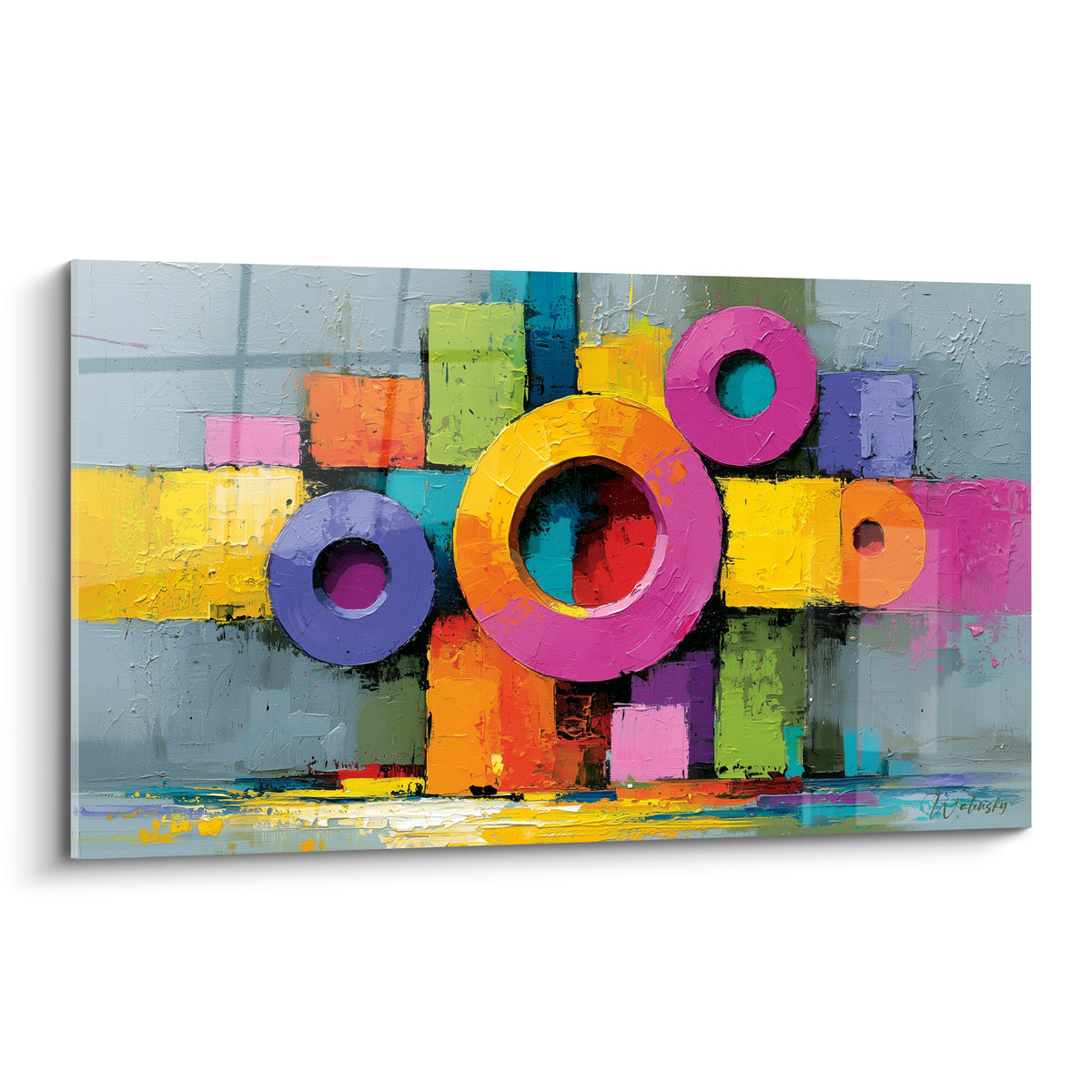 Anneaux magenta, violet et jaune texturés composent ce tableau géometrique abstrait sur fond anthracite