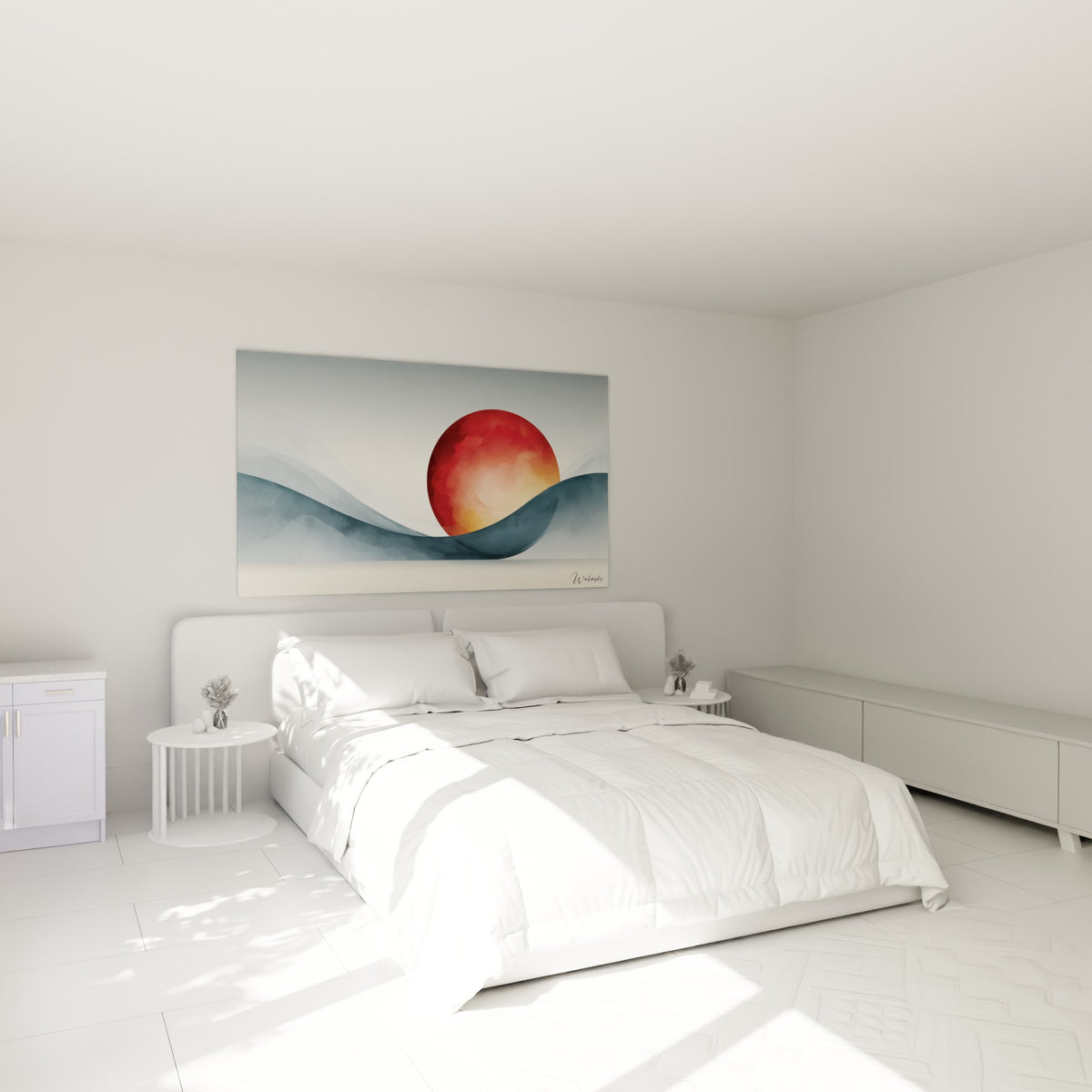 Astre rouge sur vague grise anthracite, tableau géométrique abstrait au-dessus d'un lit dans une chambre claire