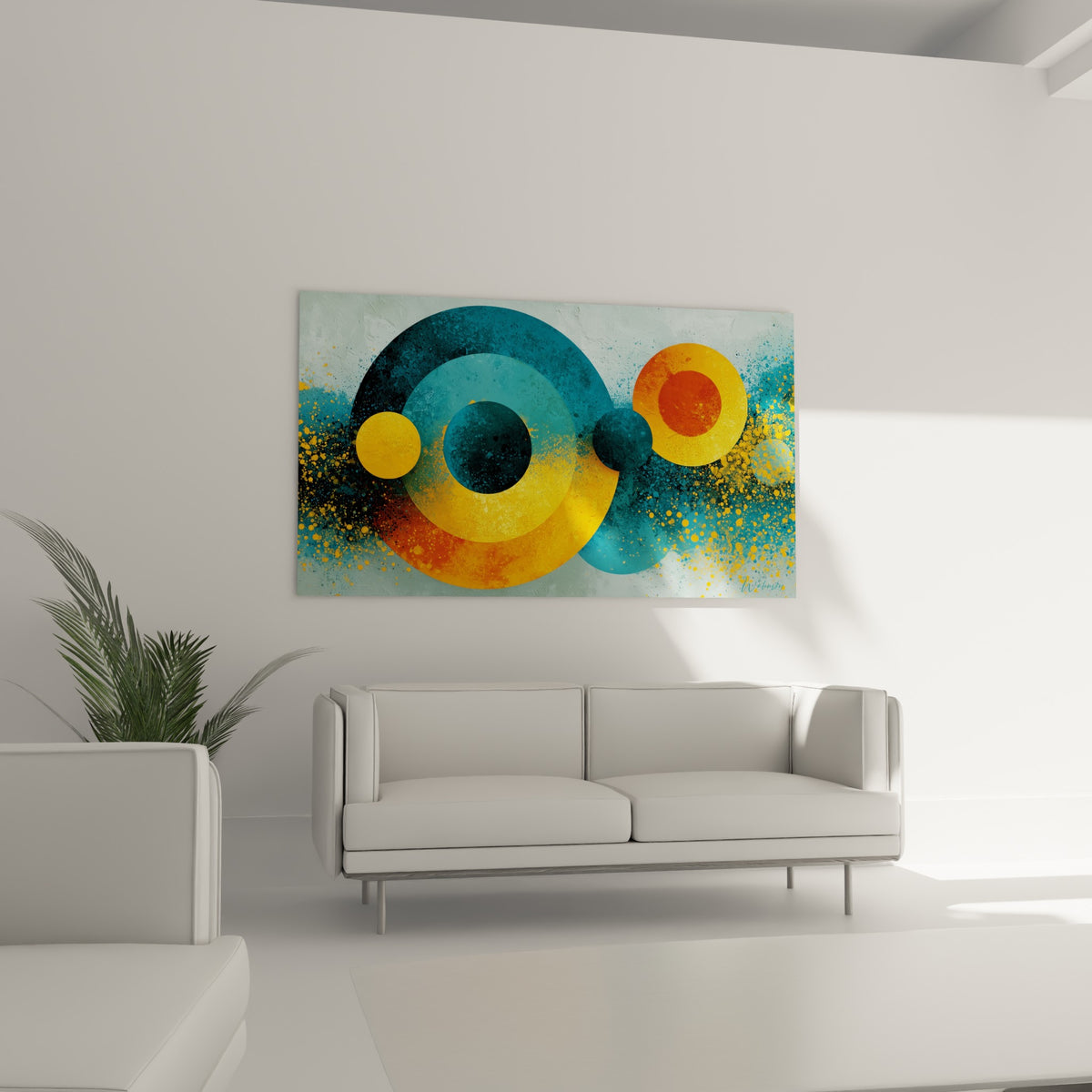 Astres colorés bleu sarcelle et orangé brûlé au-dessus d'un canapé dans un salon lumineux