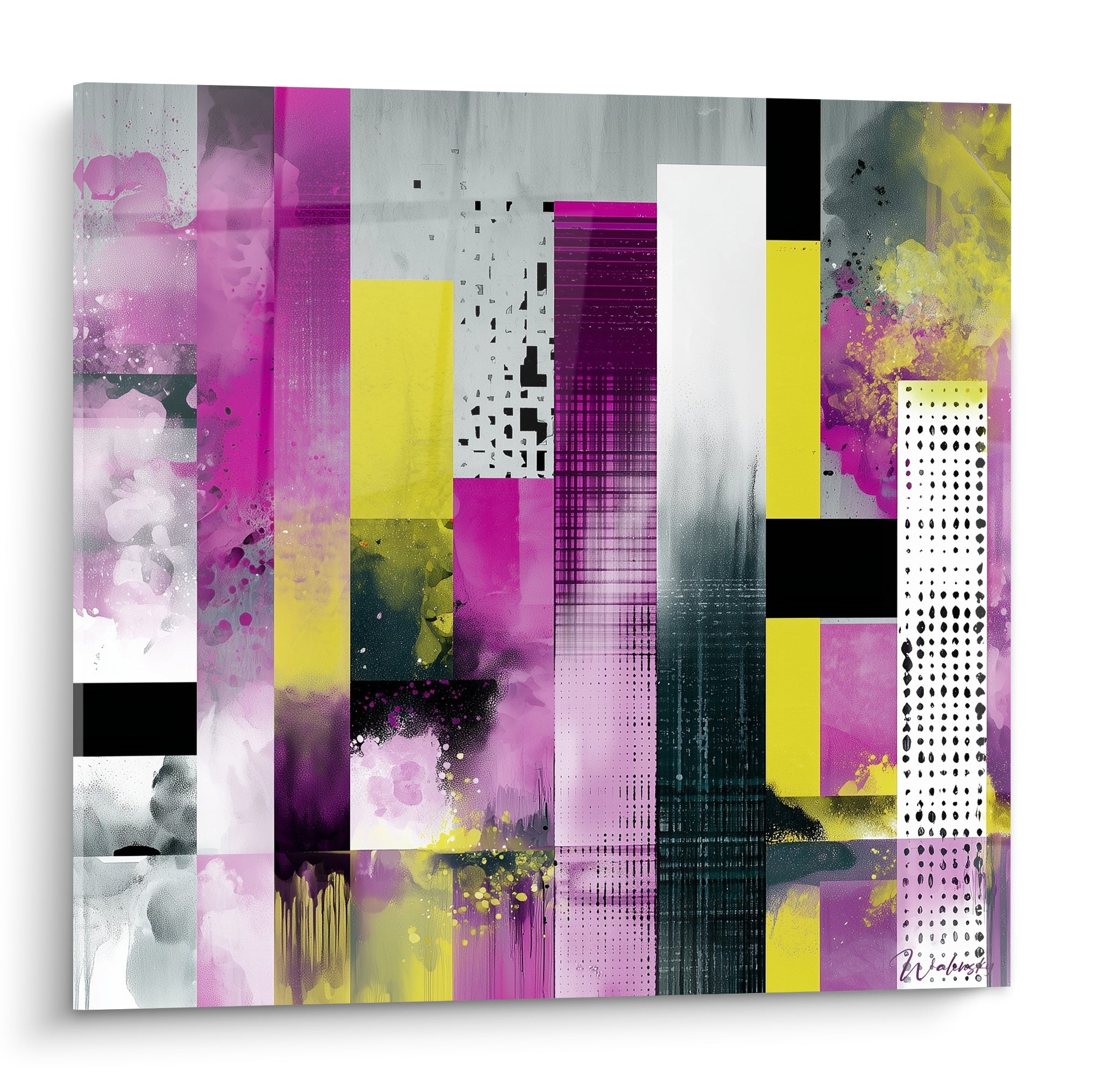 Tableau géométrique abstrait en bandes magenta, jaune et anthracite, blocs graphiques et éclaboussures picturales