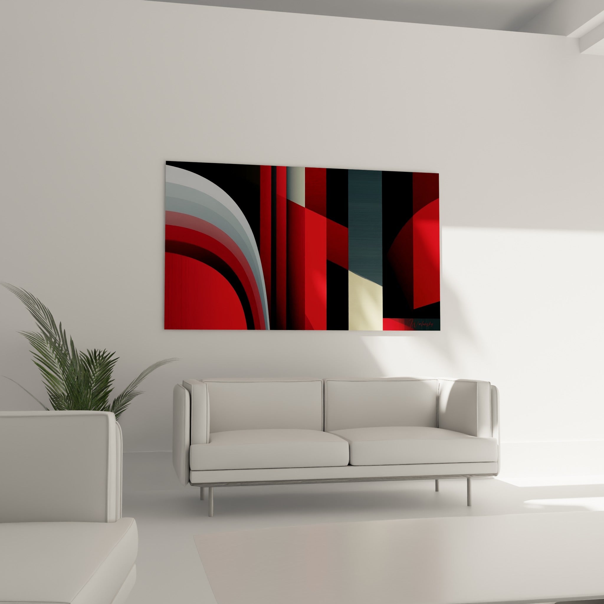Formes anthracite et rouge intense du tableau géométrique abstrait au-dessus d'un canapé dans un salon lumineux
