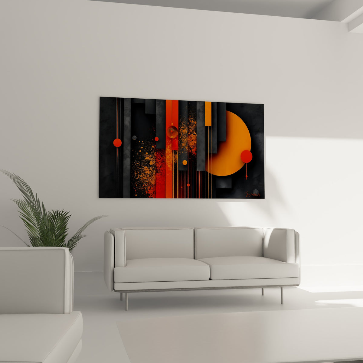 Composition graphique orange et noire de ce tableau géometrique abstrait au-dessus d'un canapé dans un salon lumineux