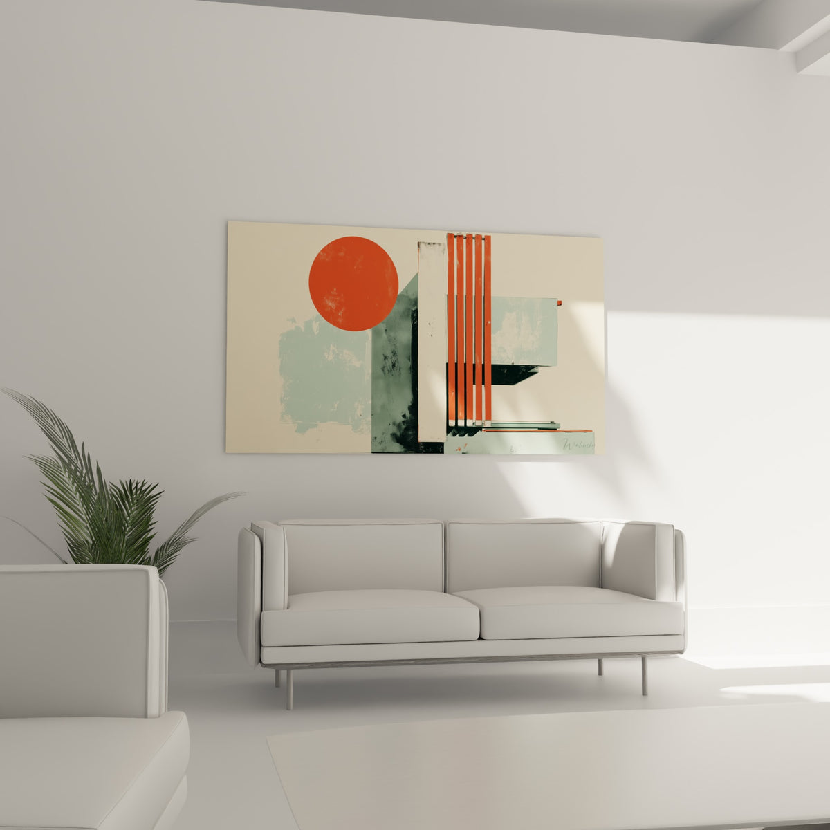 Bandes rouge brique et panneaux ivoire animent ce tableau géométrique abstrait au-dessus d'un canapé dans un salon lumineux