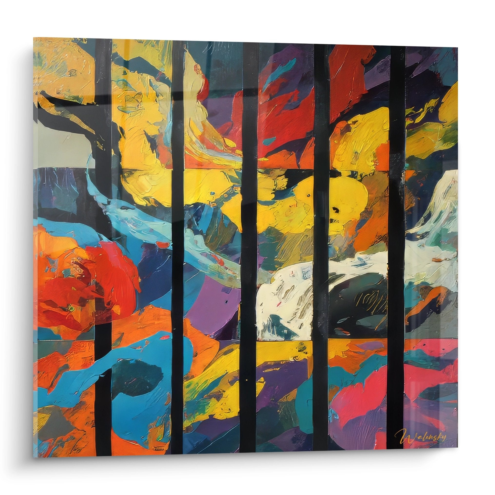 Tableau mural géométrique abstrait avec barres verticales noires et couleurs vives expressives