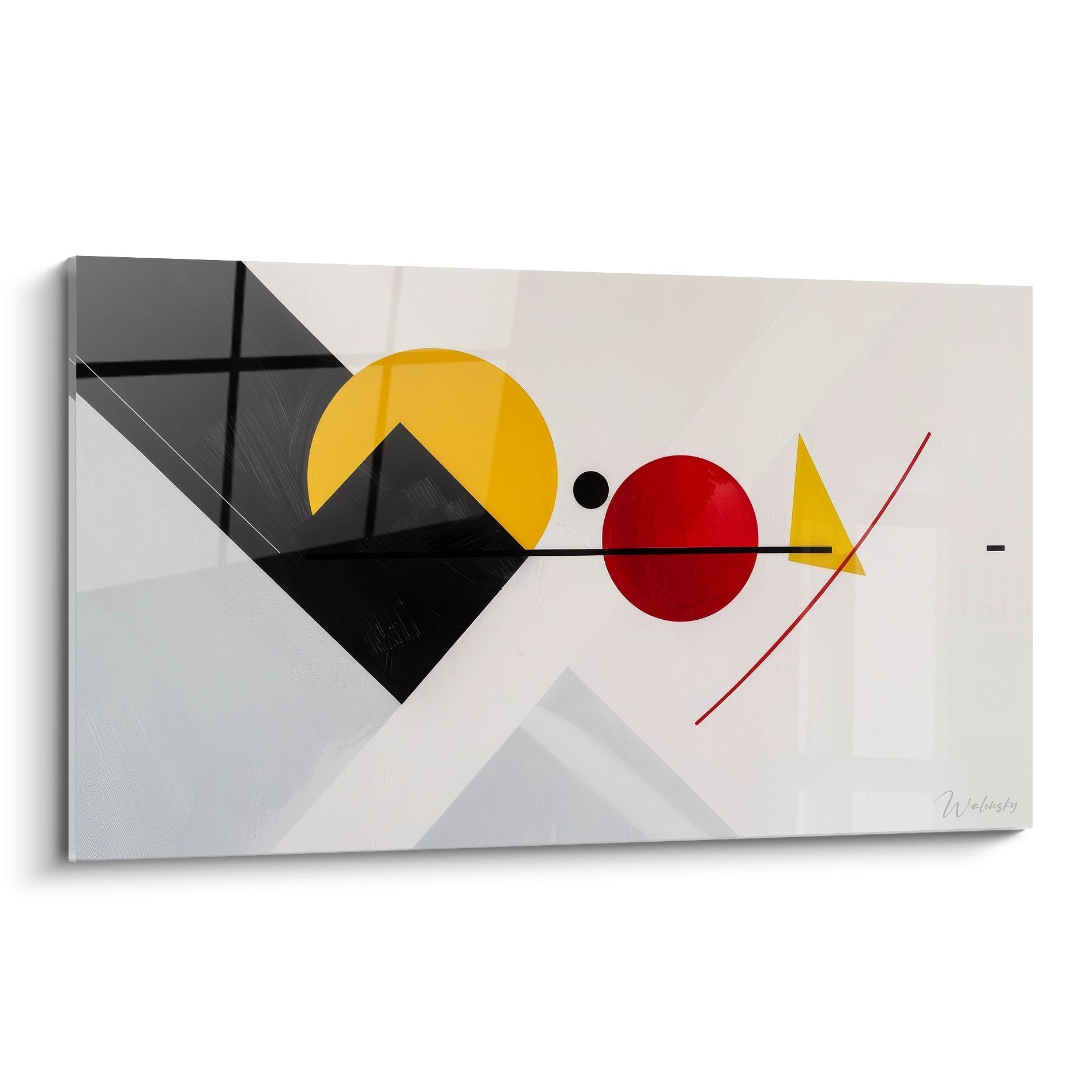 Tableau géométrique abstrait style Bauhaus avec cercles jaune et rouge, triangle noir sur fond gris