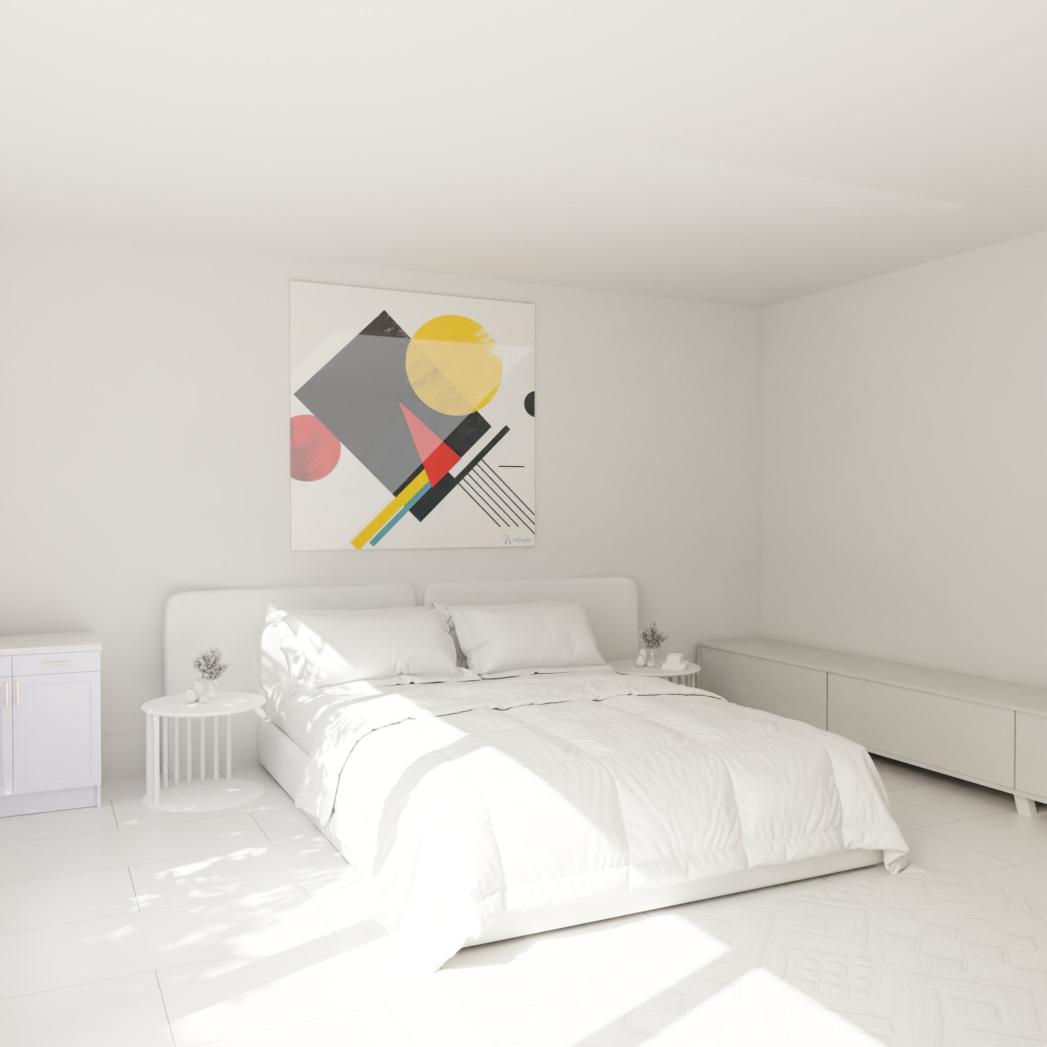 Tableau mural géométrique abstrait formes colorées dans ambiance chambre décoration moderne contemporaine