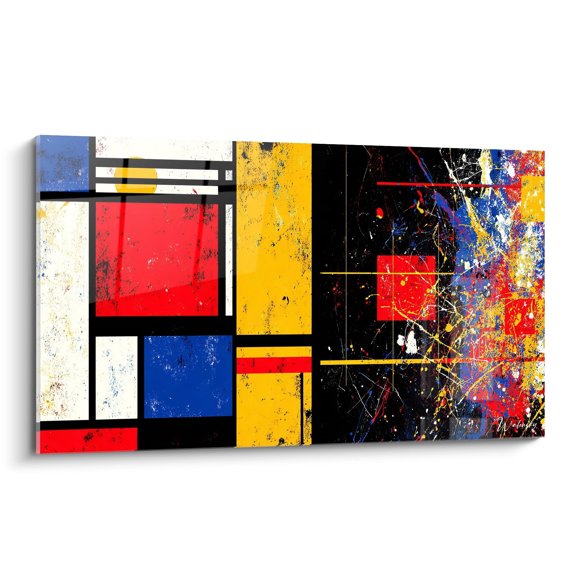 Tableau géométrique abstrait bicolore fusion Mondrian Pollock décoration murale moderne