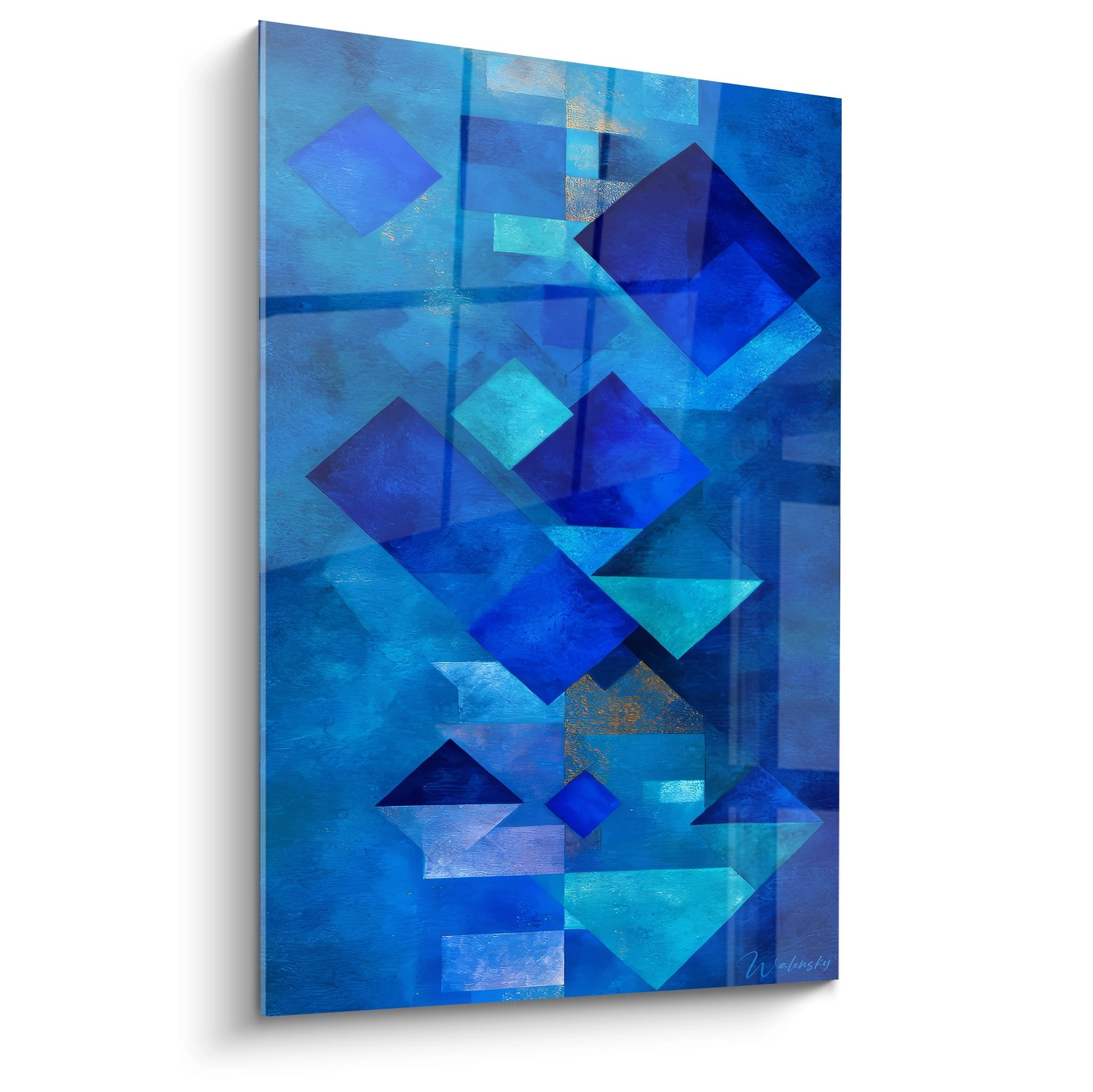 Tableau géométrique abstrait bleu avec formes cristallines superposées - art mural moderne