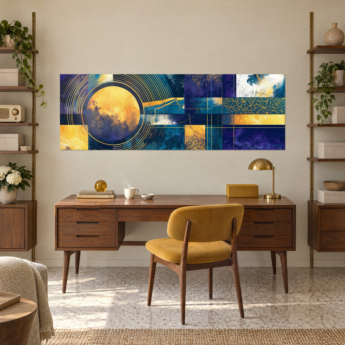 Quadro con una composizione geometrica orbitale, sfera dorata, finestra bianca e turchese, linee sottili, sopra una scrivania in legno