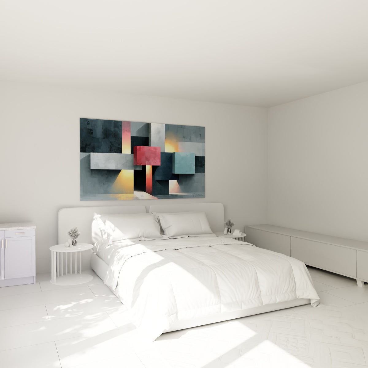 Blocs gris et bleu pastel sculptés par la lumière dorée, tableau géométrique abstrait au-dessus d'un lit dans une chambre claire