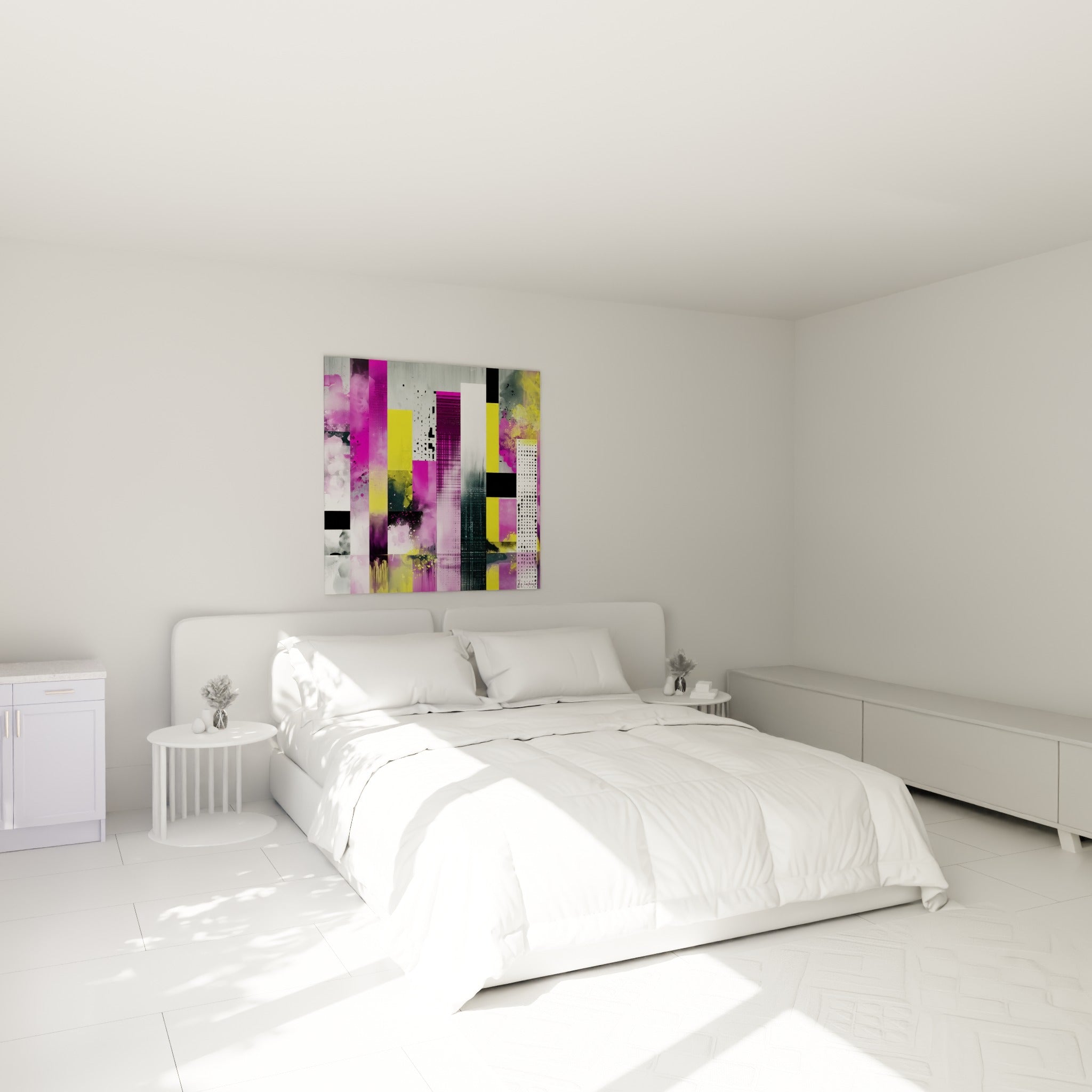 Composition géométrique abstraite magenta et jaune vif, aplats structurés, au-dessus d'un lit dans une chambre claire
