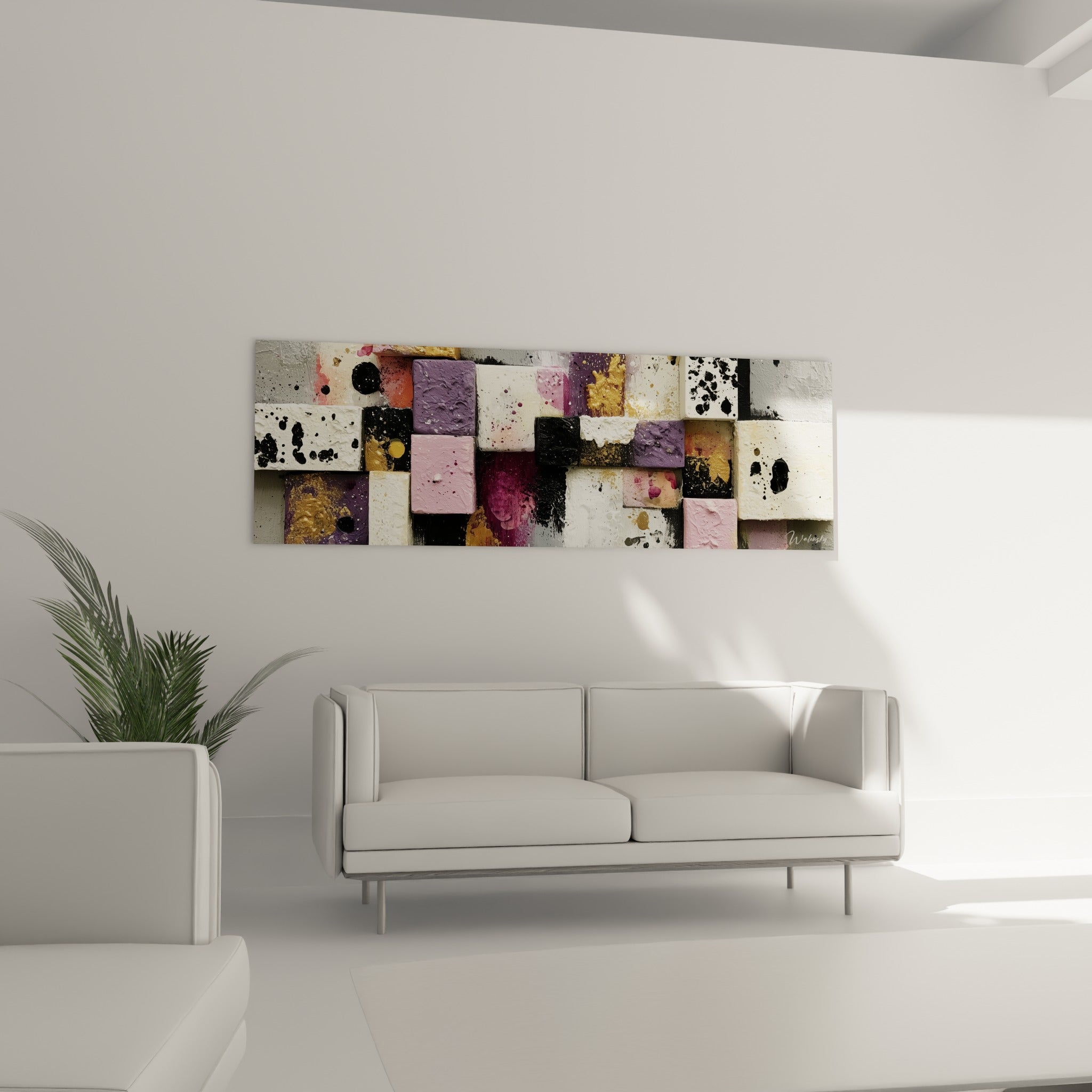Blocs roses et anthracite de cette œuvre géometrique abstrait au-dessus d'un canapé dans un salon lumineux