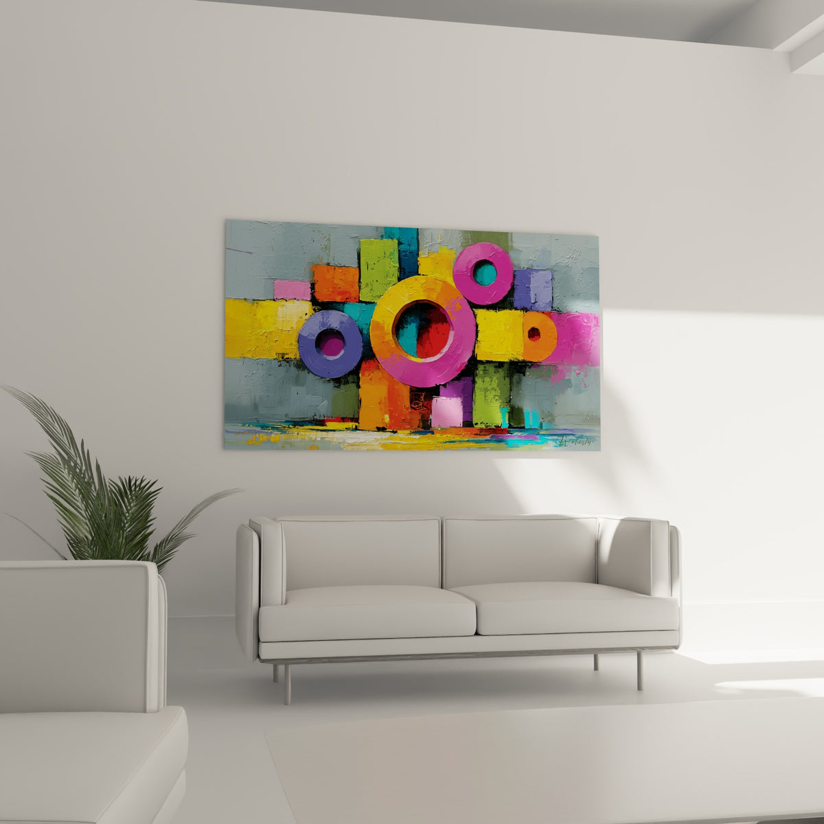 Composition orangée et turquoise du tableau géometrique abstrait au-dessus d'un canapé dans un salon lumineux