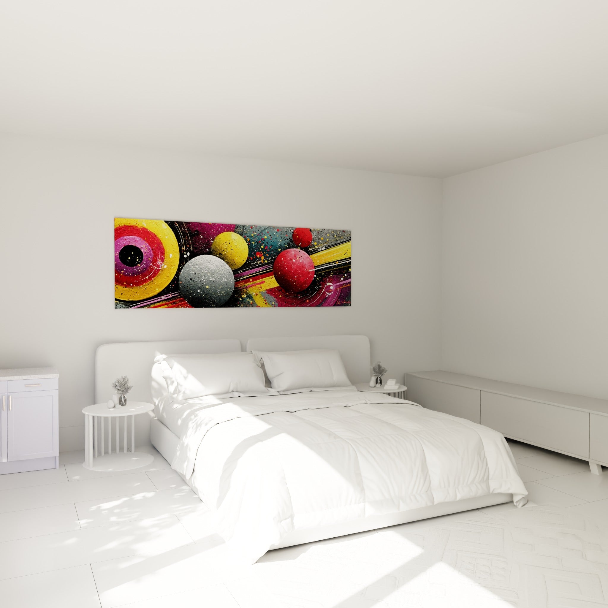Boules cosmiques rouge fauve et grise du tableau géométrique abstrait au-dessus d'un lit dans une chambre claire